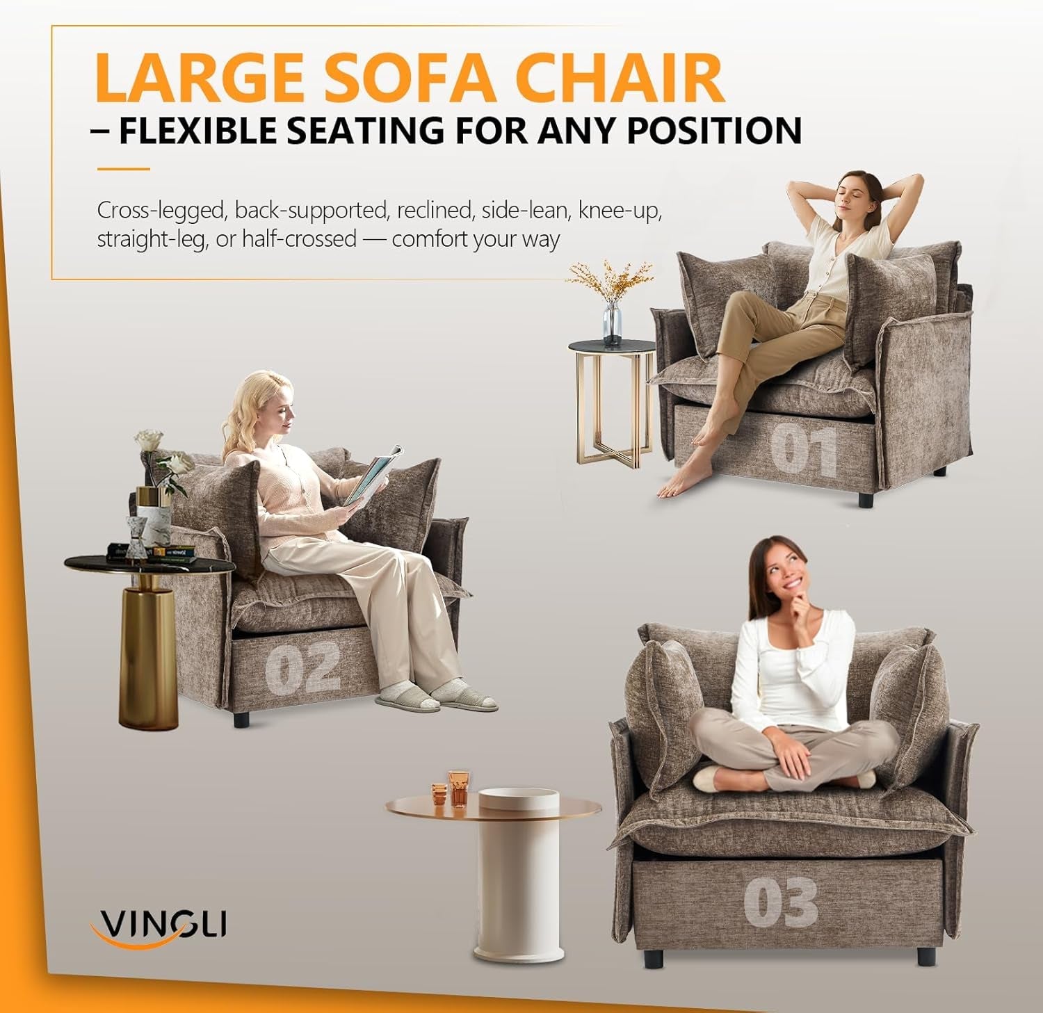 34 Inch Luxuriously Oversized Light Brown Upholstered Accent Chairs