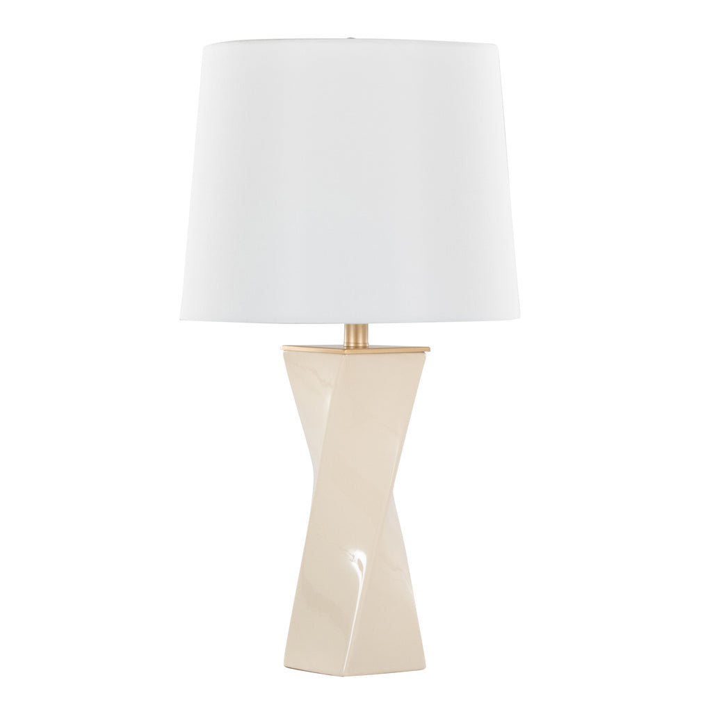 Square Contemporary 27' Ceramic Table Lamp in Cream Ceramic, Gold Metal, and White Linen