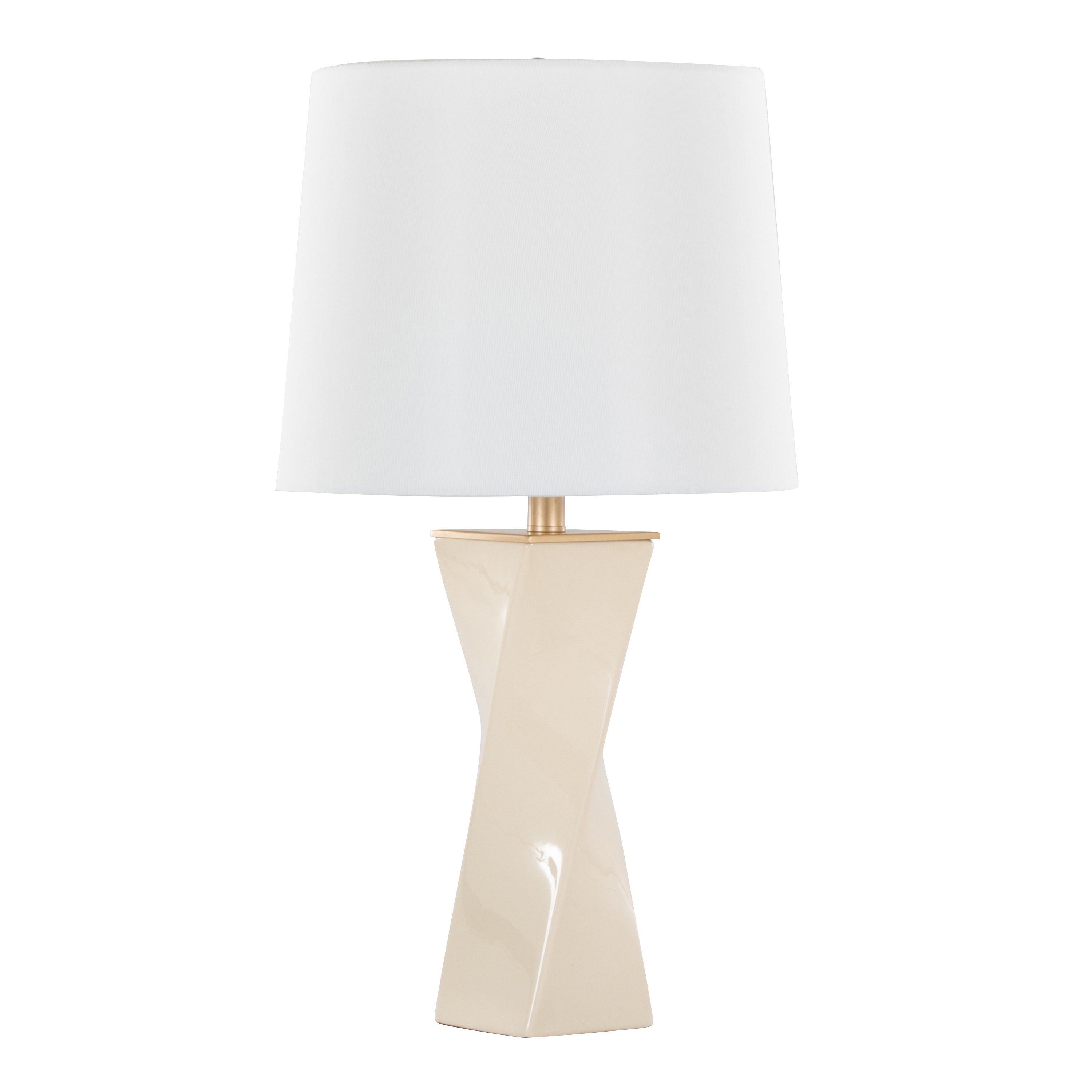 Square Contemporary 27' Ceramic Table Lamp in Cream Ceramic, Gold Metal, and White Linen
