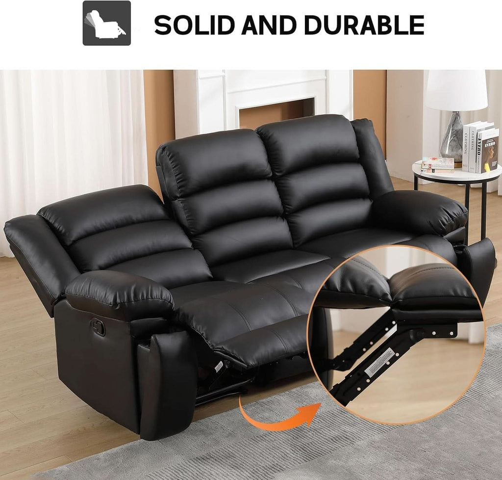 Black Faux Leather Manual Recliner Sofa Cupholders-3