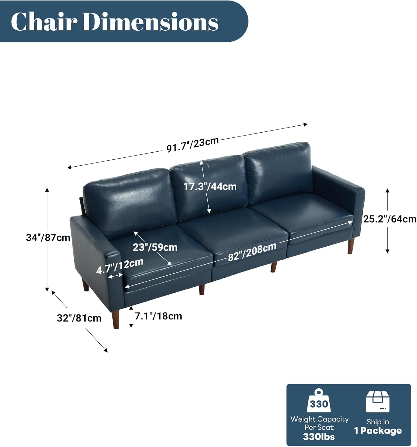 Mid Century Modern Faux Leather Sofa 91Inch Navy Blue-1