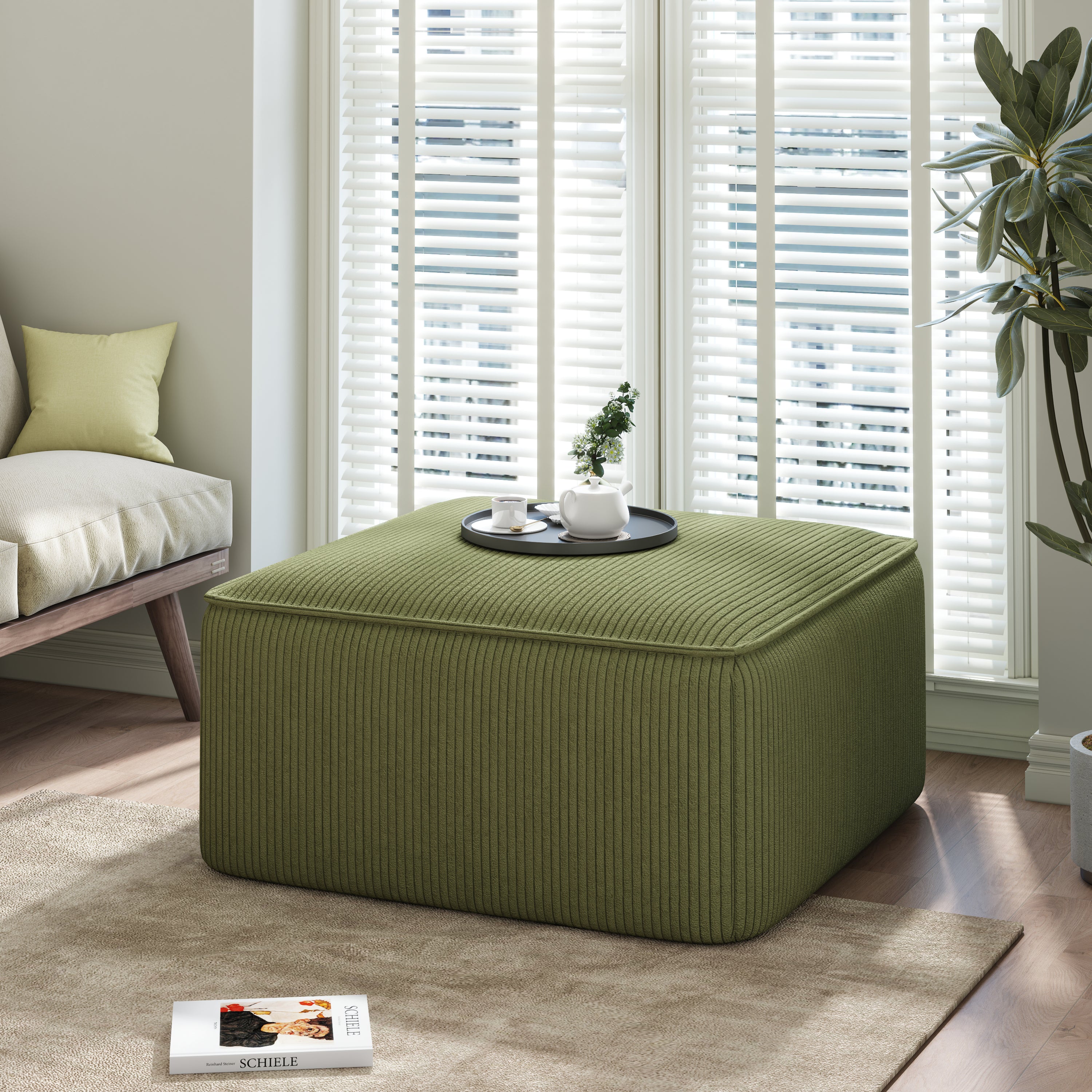 Upholstered Square Ottoman, Olive Green, Corduroy (old sku N757P180768V)