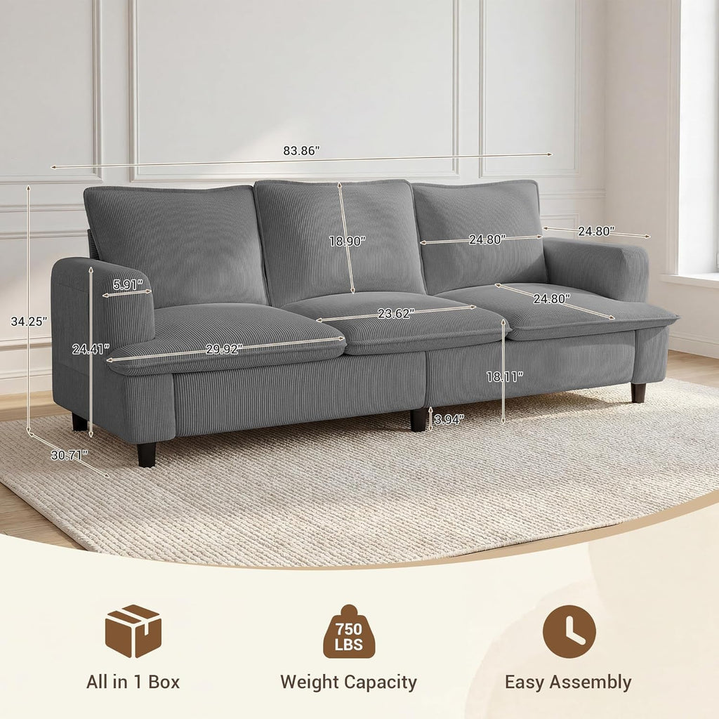 83 Inches Corduroy Fabric Upholstery 3 Seater Deep Seat Sofa-1