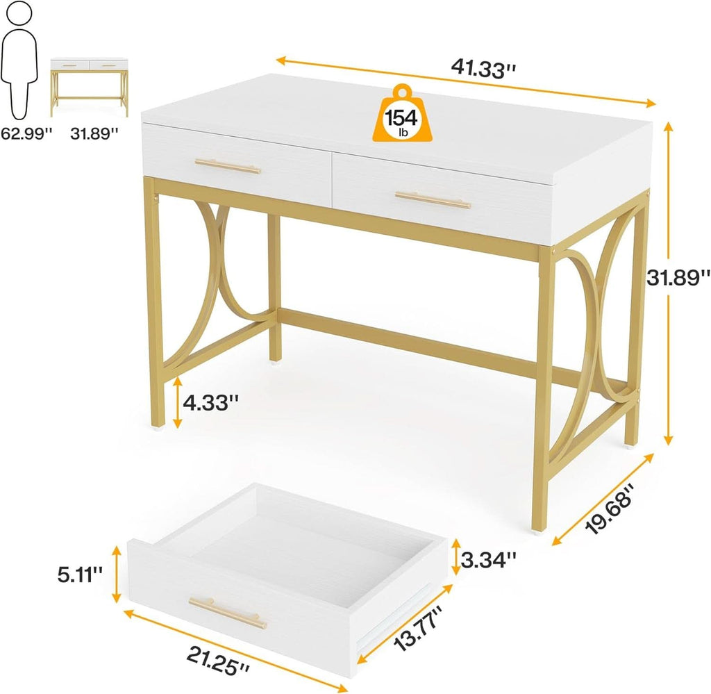41 Inch White And Gold Computer Desk With 2 Drawers-1
