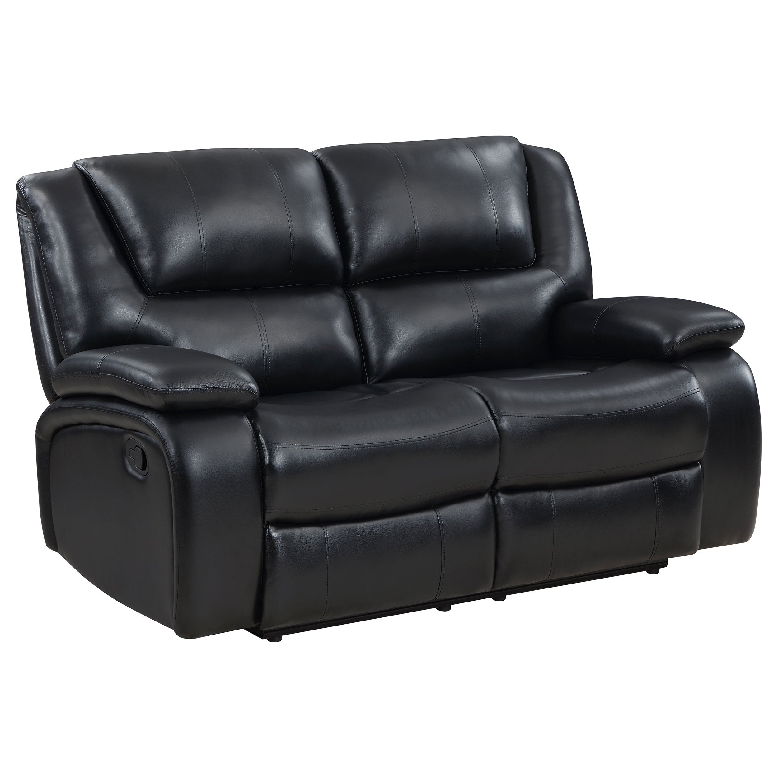 Elodie Black Upholstered Motion Reclining Loveseat with Plush Pillowtop Arms and Manual Recline