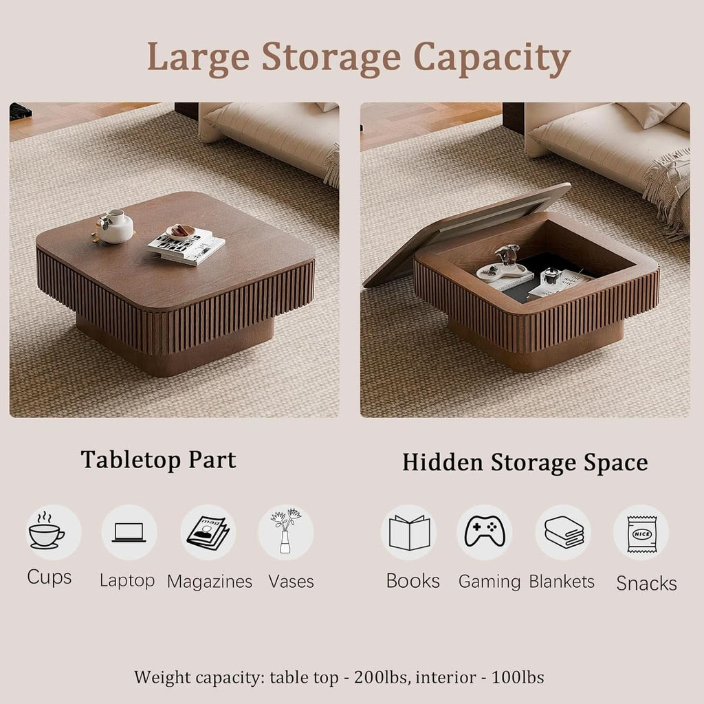 Walnut Square Coffee Table Featuring Concealed Storage-4
