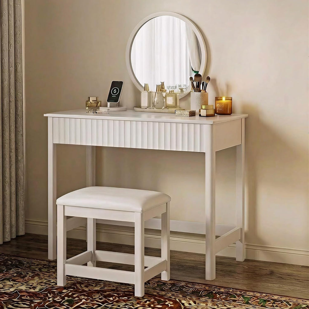 Forty Inch White Makeup Vanity Desk With Drawers And Stool-0