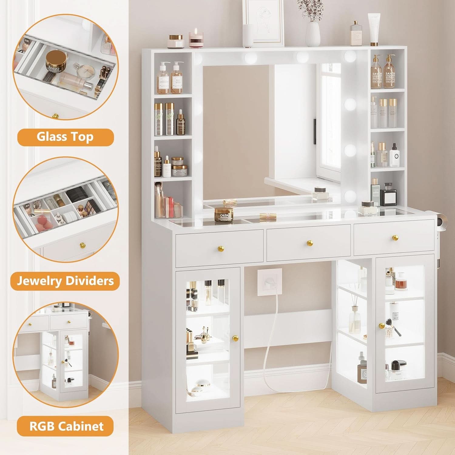 White Glass Vanity Desk With Multi functional Lighting-3