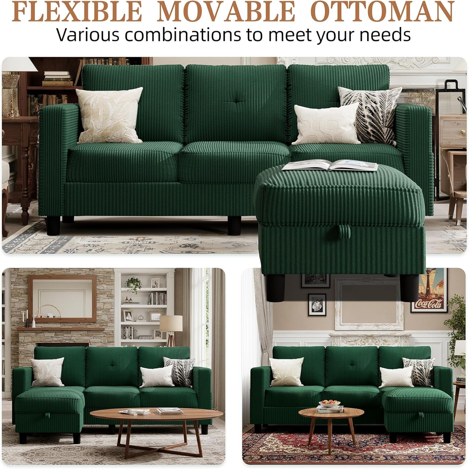 Green 76 Inches Upholstered Sectional Sofa Storage-3