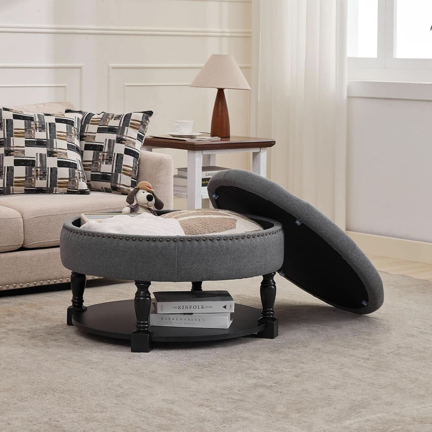 31.5 Inch Round Upholstered Ottoman Coffee Table Charcoal