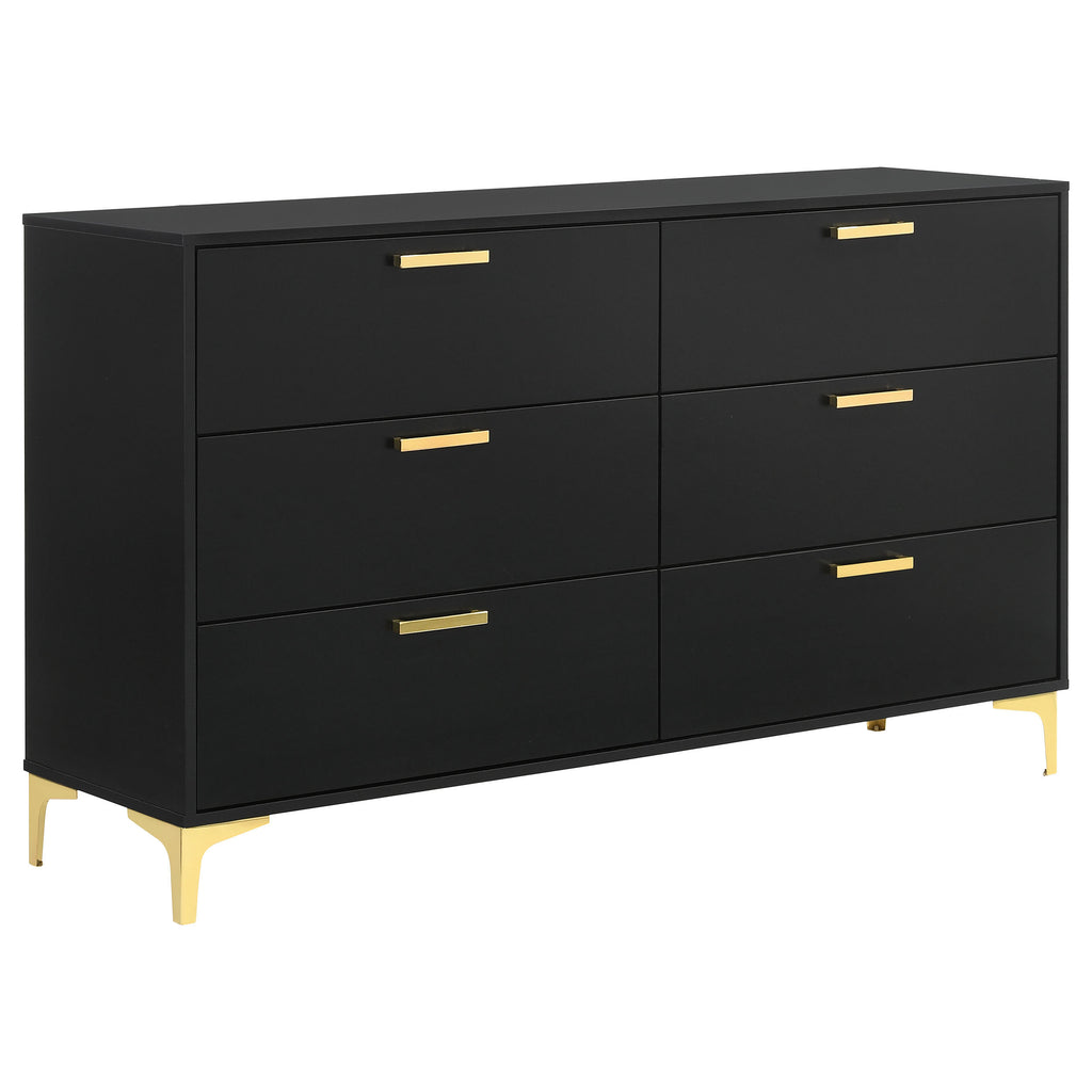 Lexie Black and Gold 6-Drawer Rectangular Dresser in Sleek Black Finish with Durable Metal Base and Handle, Made of MDF and Particle Board, 58.5 x 15.75 x 34.25 Inches