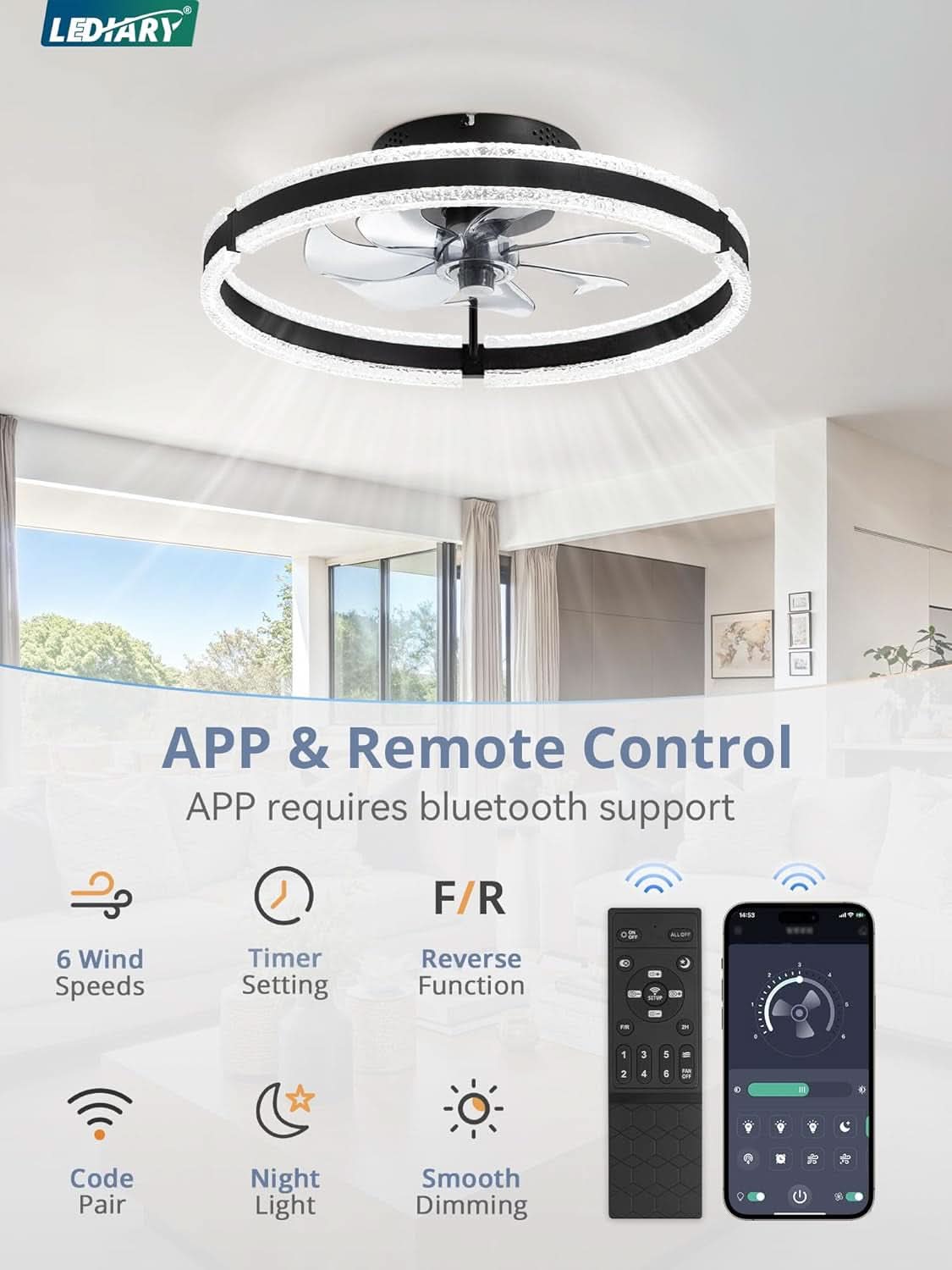 20 Inch Matte Black Ceiling Fan With Energy Saving LED-1