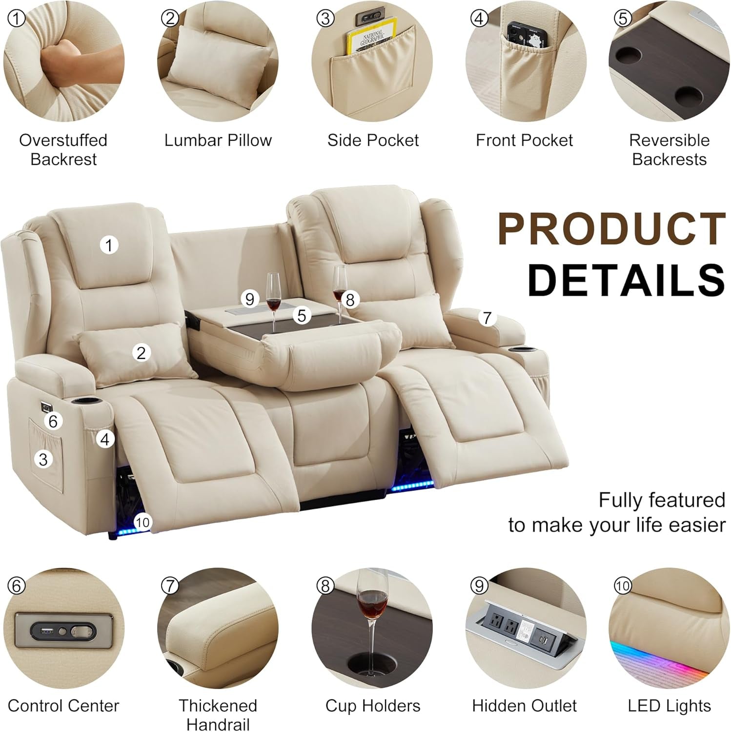 RV Power Leathaire Fabric Recliner Sofa Beige Wallhugger-2