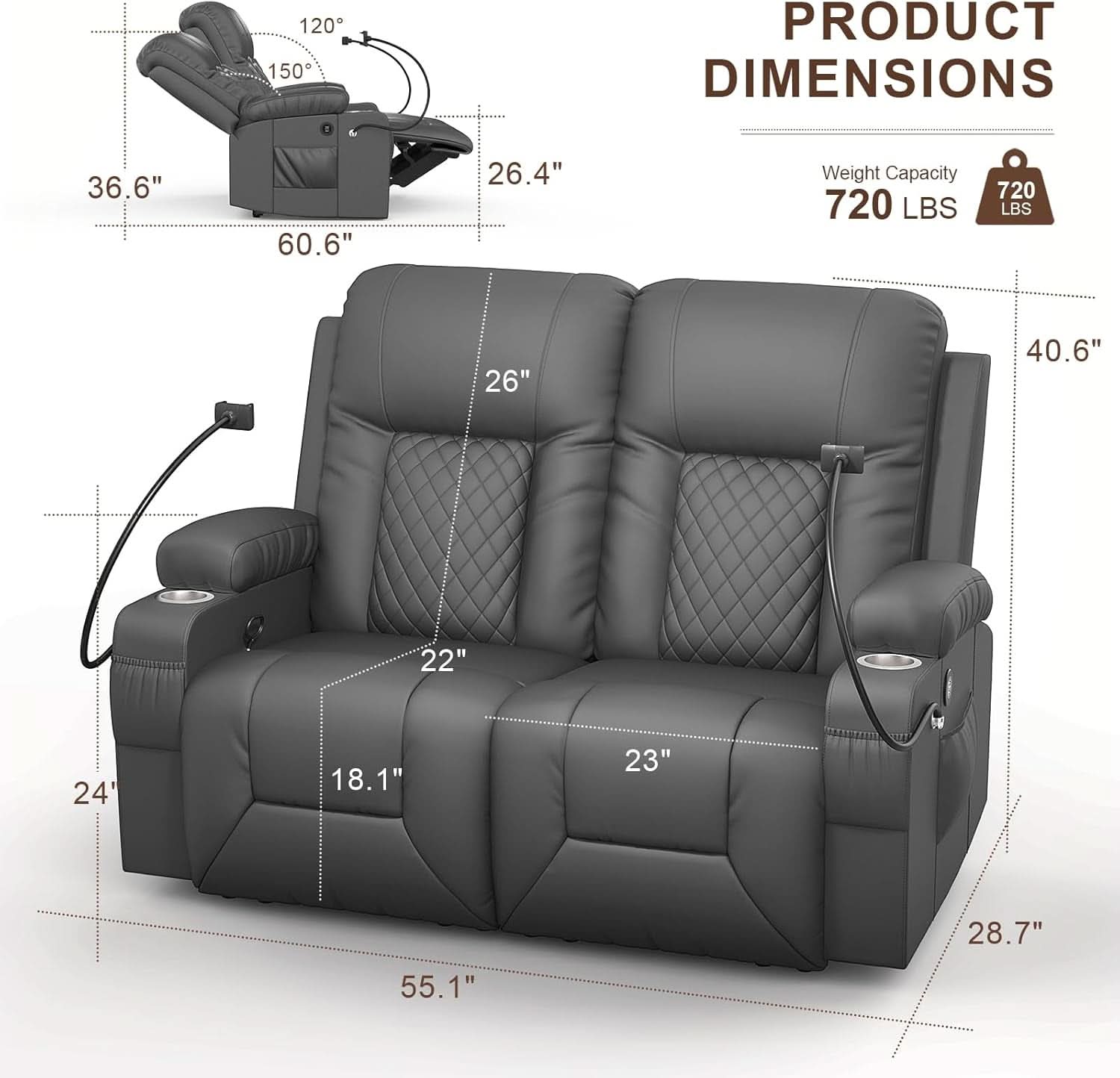 Gray PU Leather Two Seater Recliner Loveseat With USB Ports-1