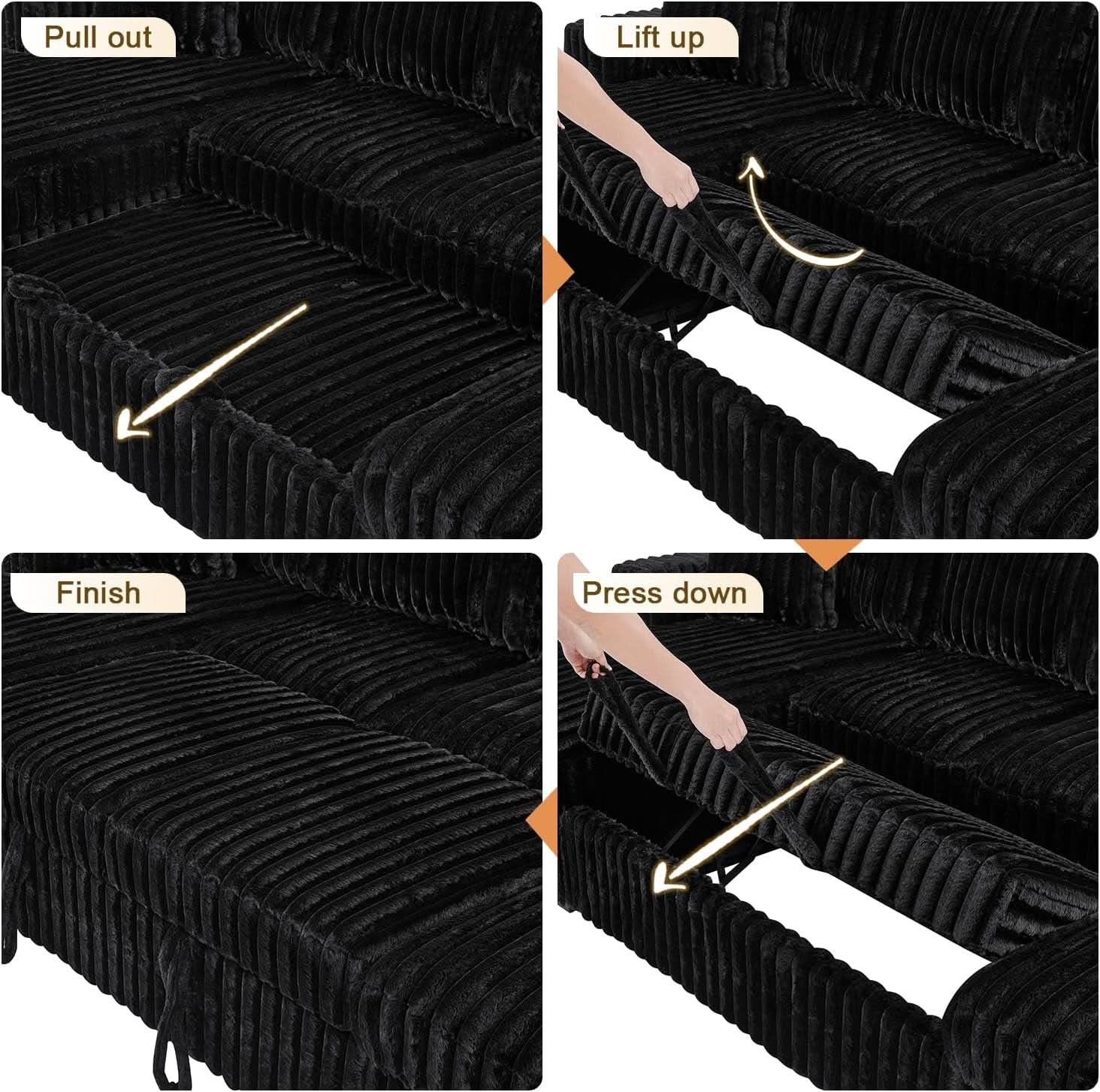 Black 122Inch U Shaped Sleeper Sectional USB Charging Ports-4