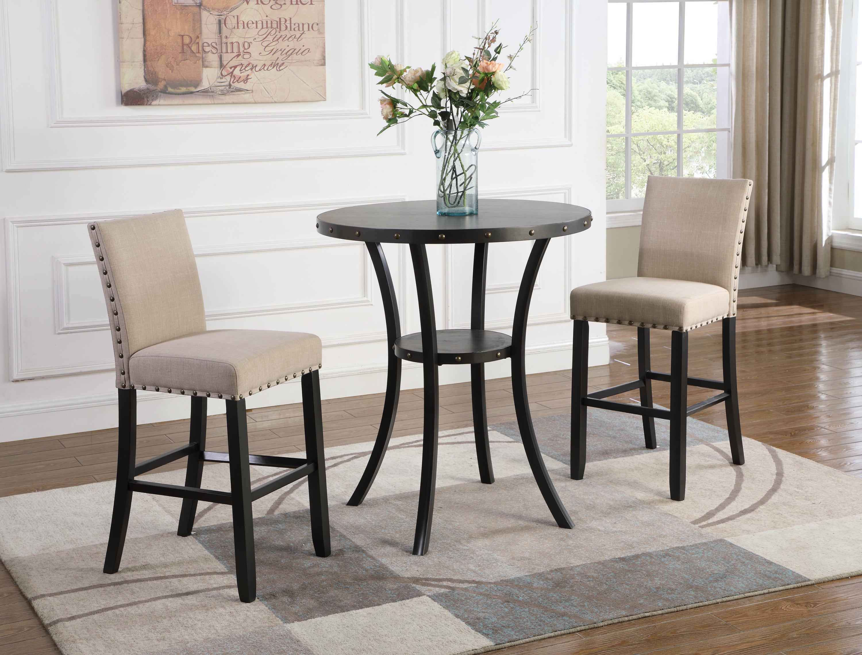 Biony 3-Piece 36' Round Espresso Finish Bar Table with 2 Tan Fabric Nail Head Pub Chairs