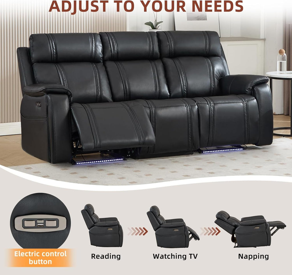 Black Leather Ambient Lighting Power Recliner Sofa-2