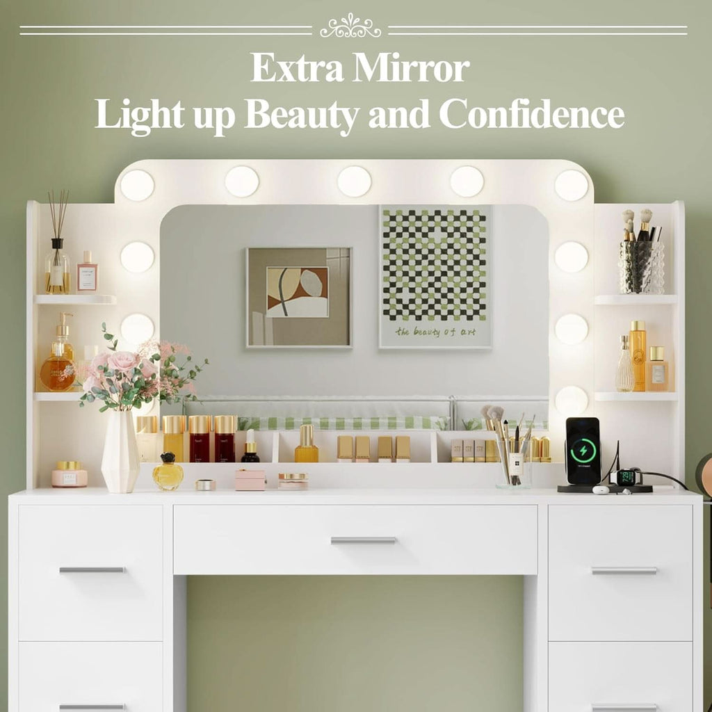 Makeup Vanity Desk White Illuminated Mirror Shelves-2