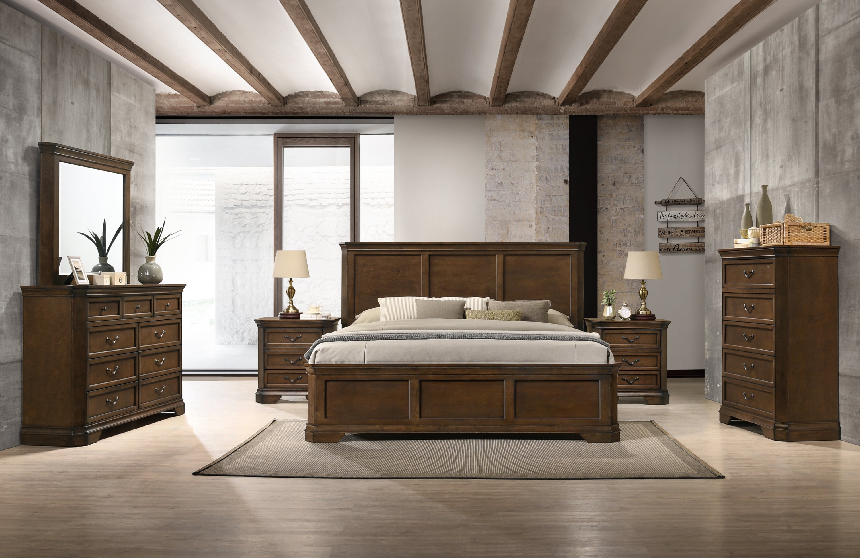 Traditional Wood Panel 6 pieces Queen Bed Set