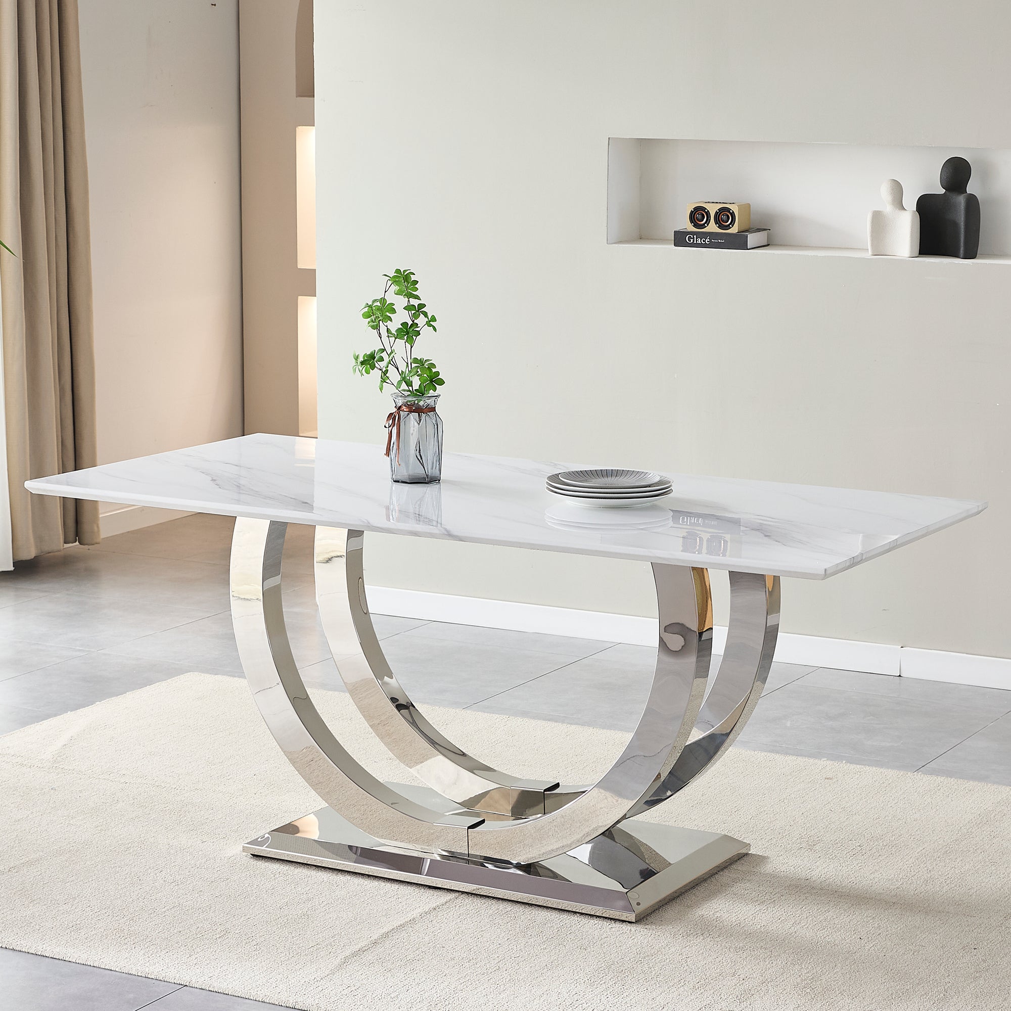 69.30 Inch Rectangular Dining Table, Modern Simple, Marble Tabletop, MDF Tabletop, Stainless Steel Mirror Surface In Silver Color, Suitable For 4-6 People, White Marble Pattern, Silver Mirror.
