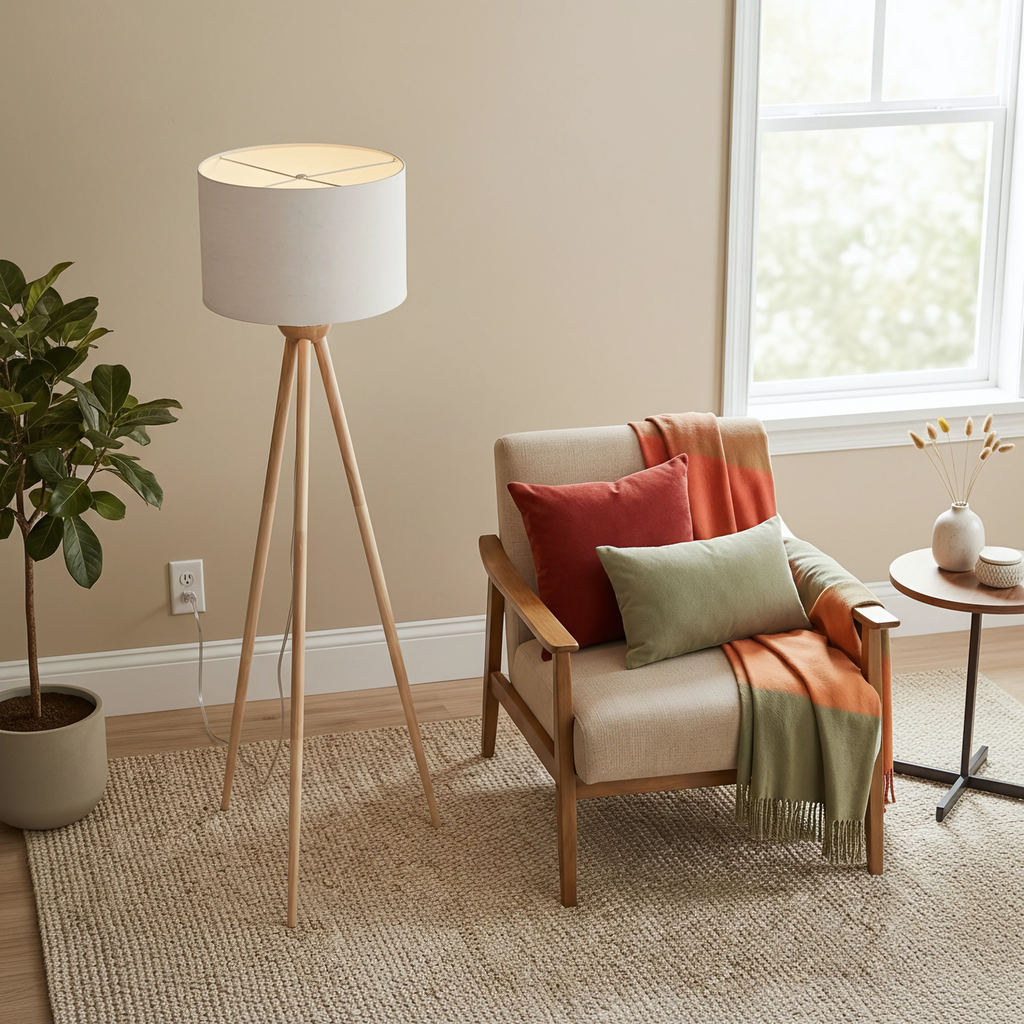 Tall Corner Floor Lamp, Energy Efficient LED Standing Light for Living Room, Bedroom & Office Space Illumination Lirios Three Legged Wooden Strip Floor Lamp - Natural 110V