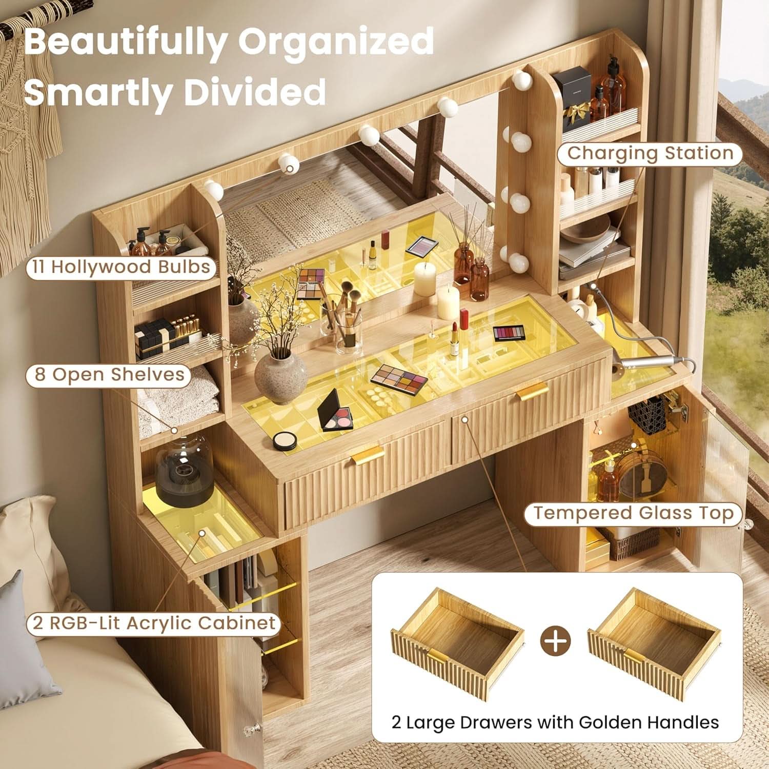 Oak Fifty Six Inch Ultra Luxurious Makeup Vanity Desk Lights-1