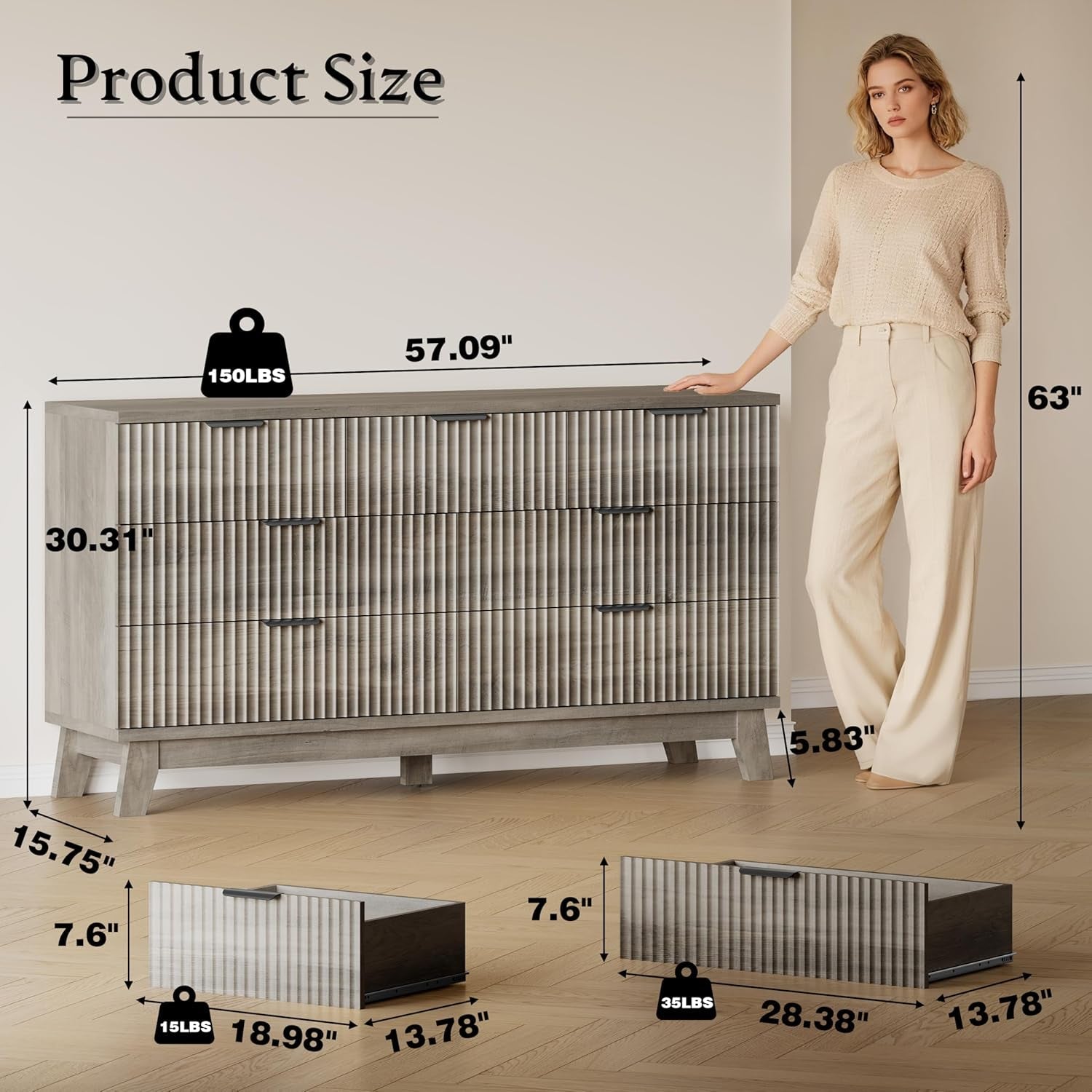 Fifty Seven Inch Fluted Seven Drawer Solid Wood Dresser-1