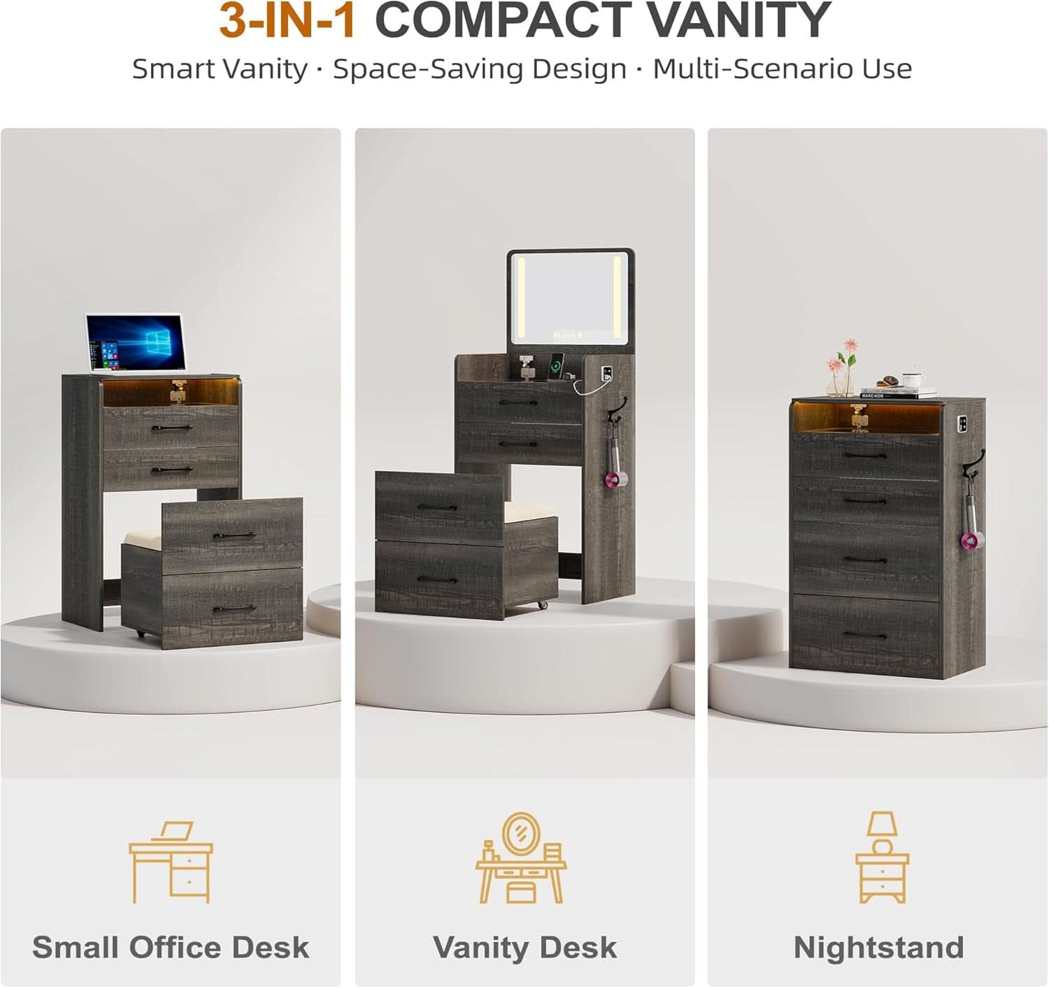 Compact Vanity Desk With Crystal Glass Top Oak Finish-1