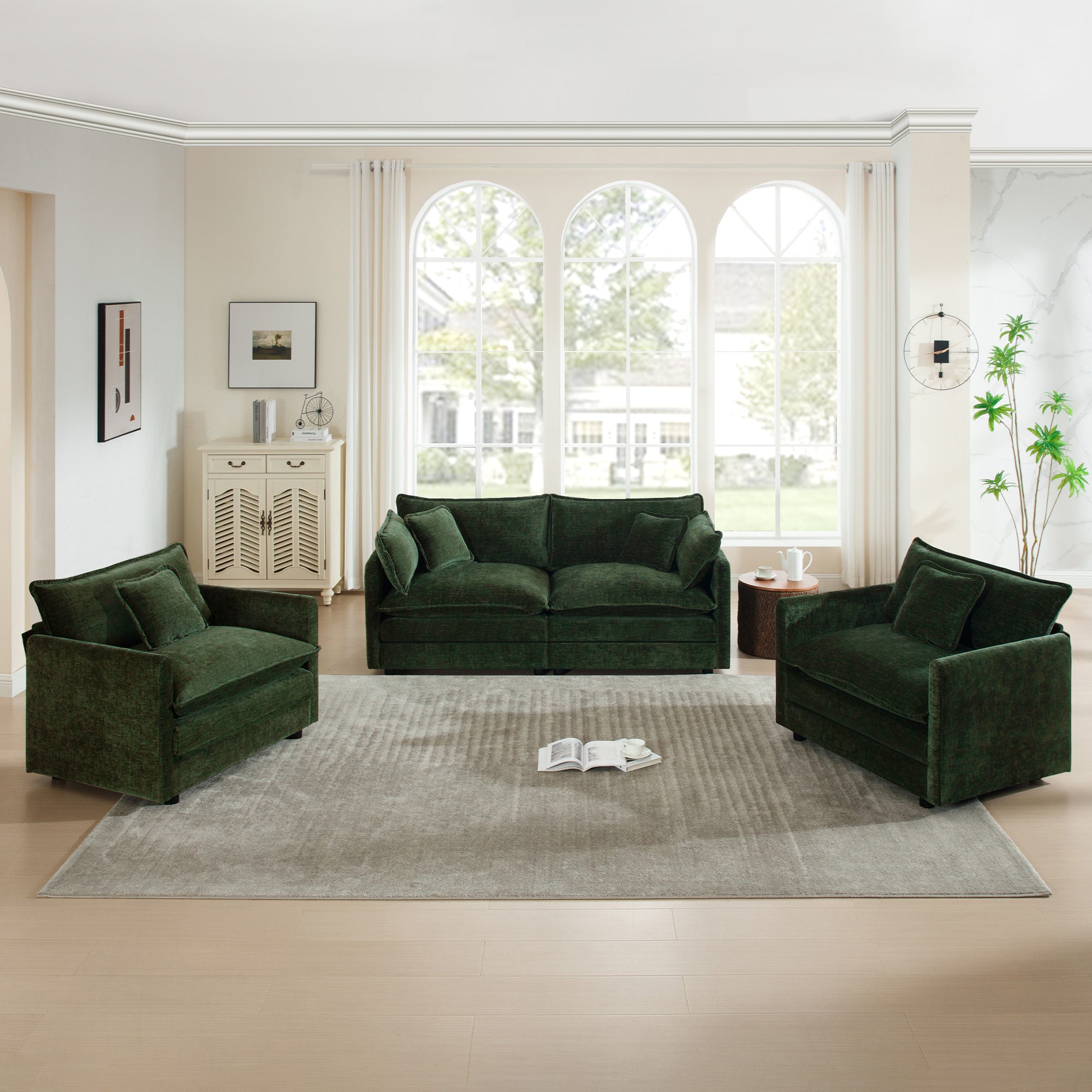3 Piece Sofa Set with Arm Pillows and Toss Pillows , Sofa Set Include 2- Piece of Arm Chair and One 2-seat Sofa, Space Saving Casual Sofa Set for Living Room, Green Chenille