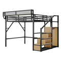 Queen Size Loft Bed with Stairs, Metal Queen Loft Bed with Storage Shelves, High Loft Bed with Wardrobe for Kids Teens Adults, Black