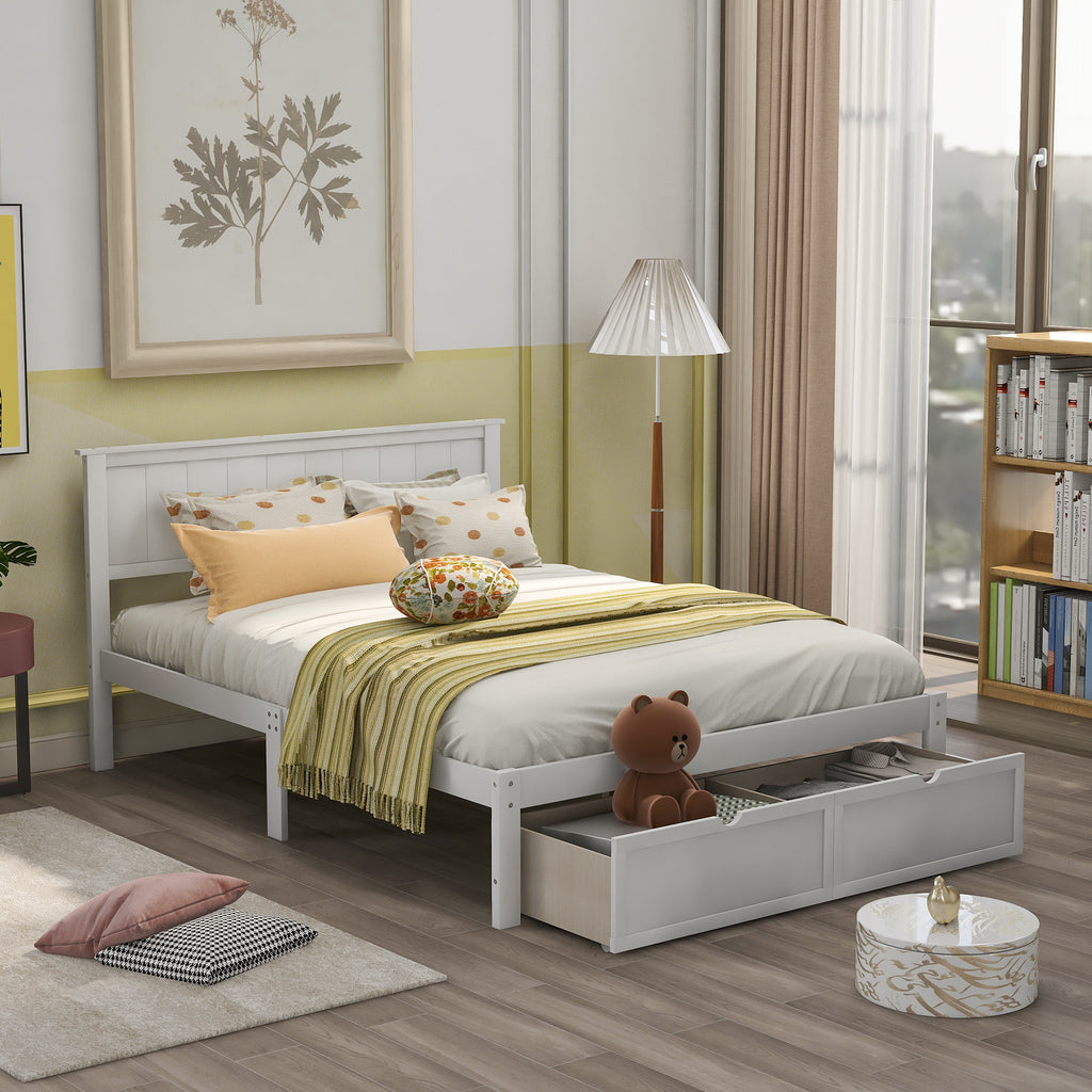 White Full Size Platform Bed with Under-bed Drawers, Solid Pine Wood and MDF, 78.3''L x 58.5''W x 36.2''H