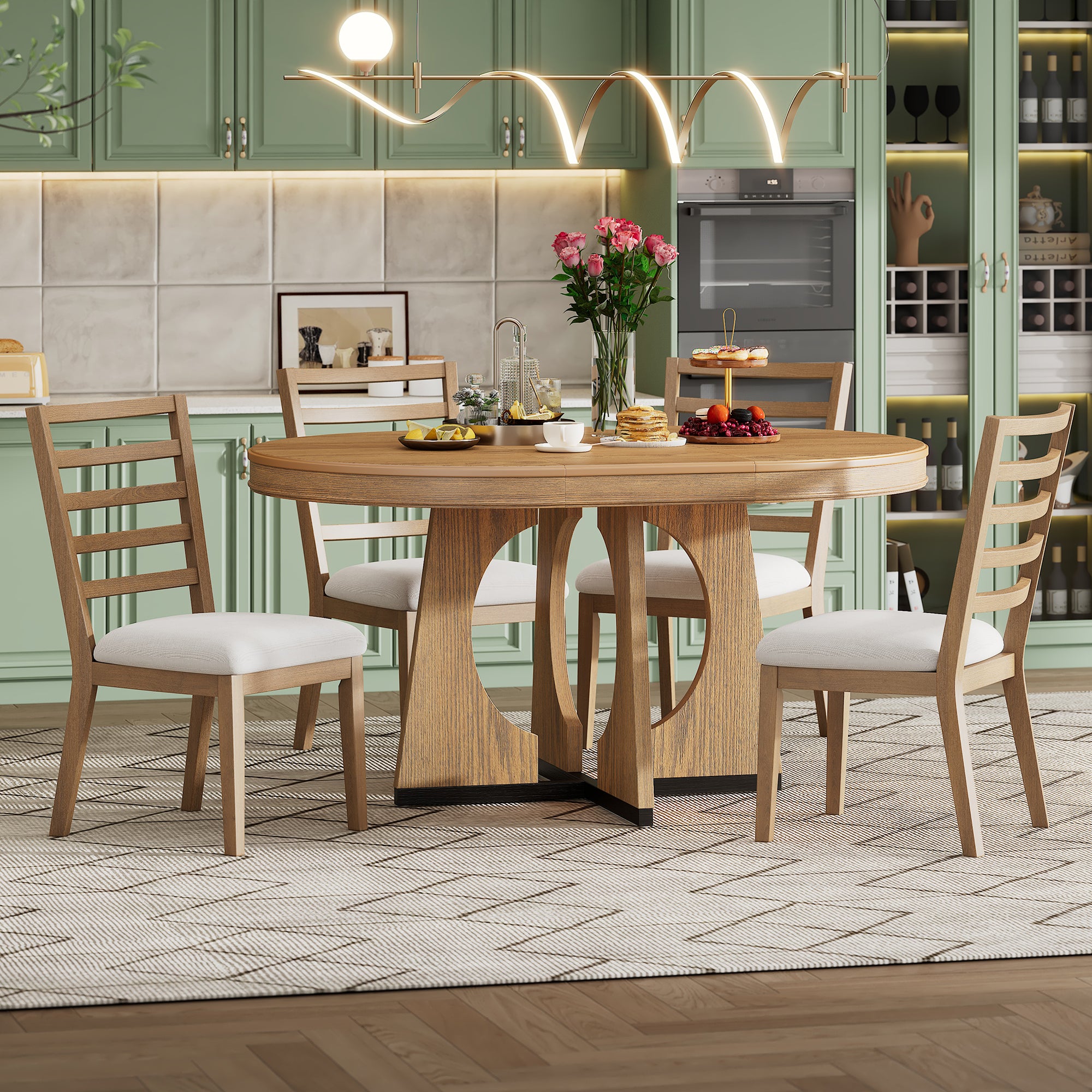 TREXM Retro Round Dining Table Set for 4 with Chairs, Extendable Table with 16' Removable Leaf, Natural Finish, Solid Wood & MDF Construction, 5 Piece Geometric Design Dining Set