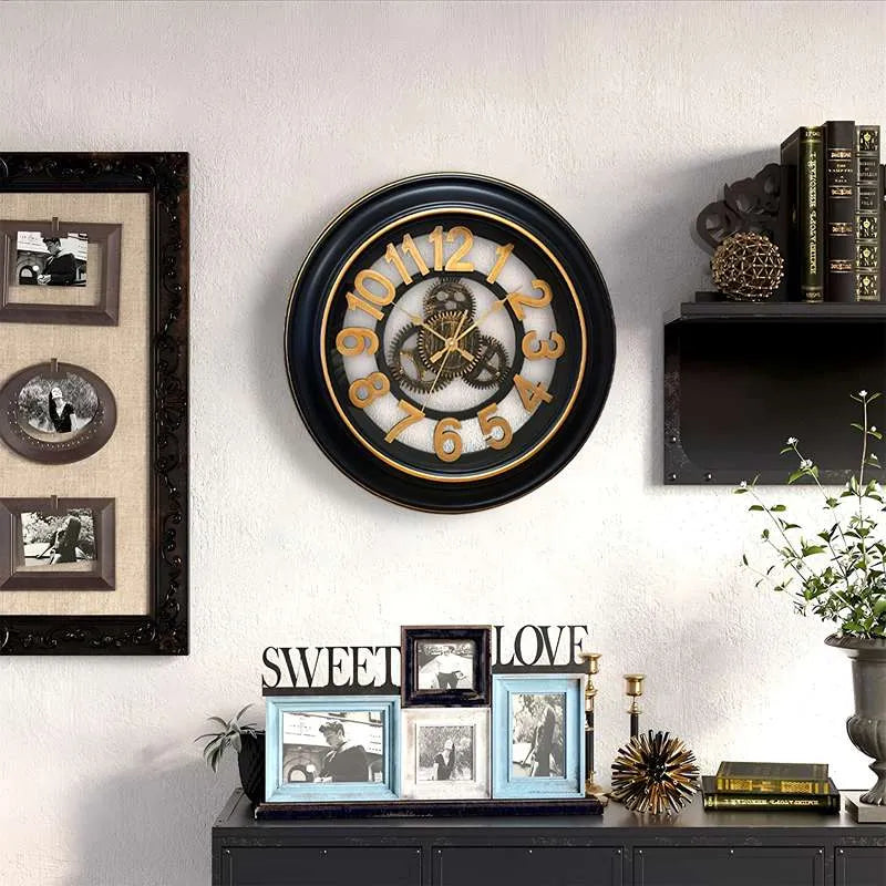Antique Black & Gold Gear Wall Clocks-No Ticking Silent Clock ~5186-2