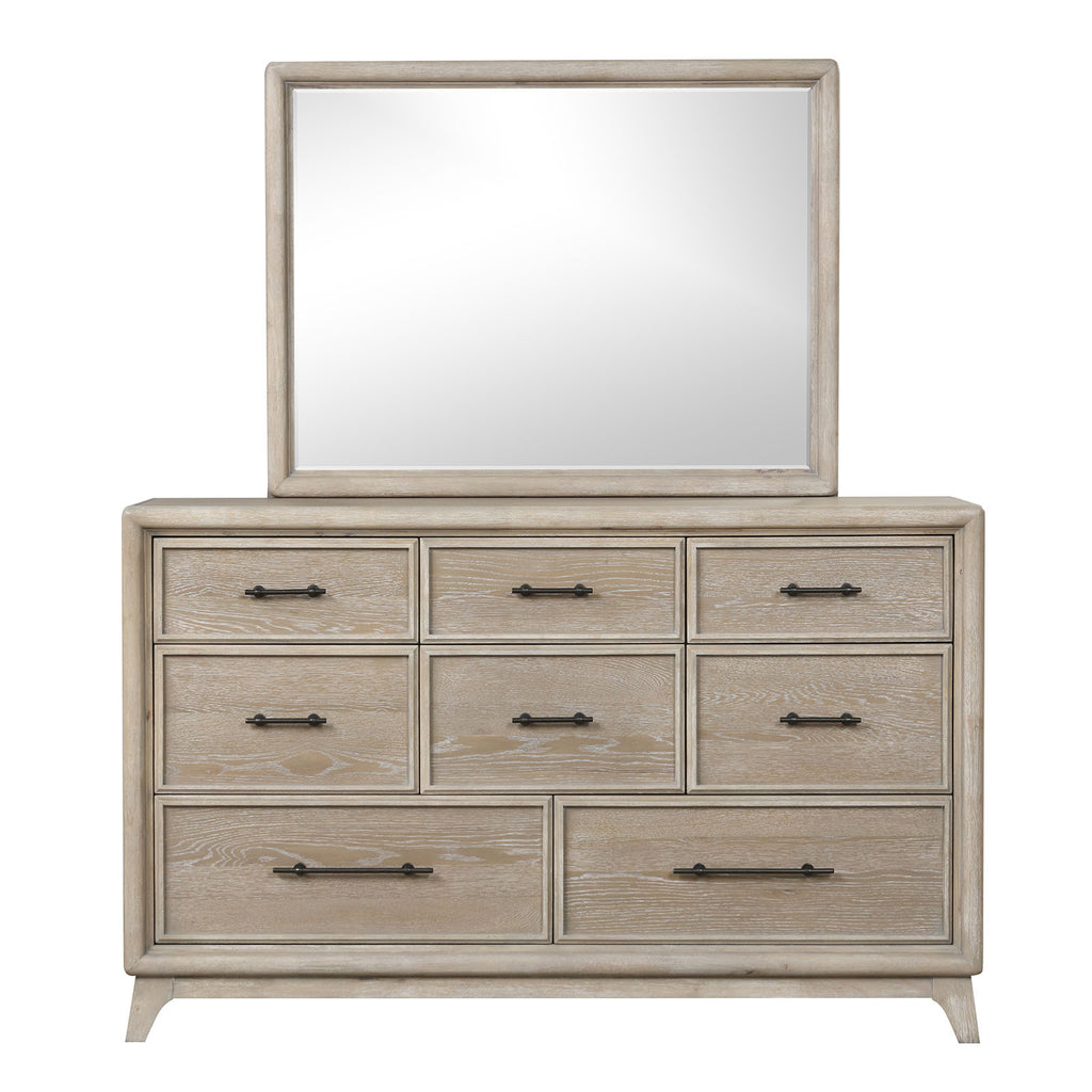 Oak Finish Eight Drawers Dresser with Mirror in Solid Rubberwood, Contemporary Sleek Bedroom Furniture
