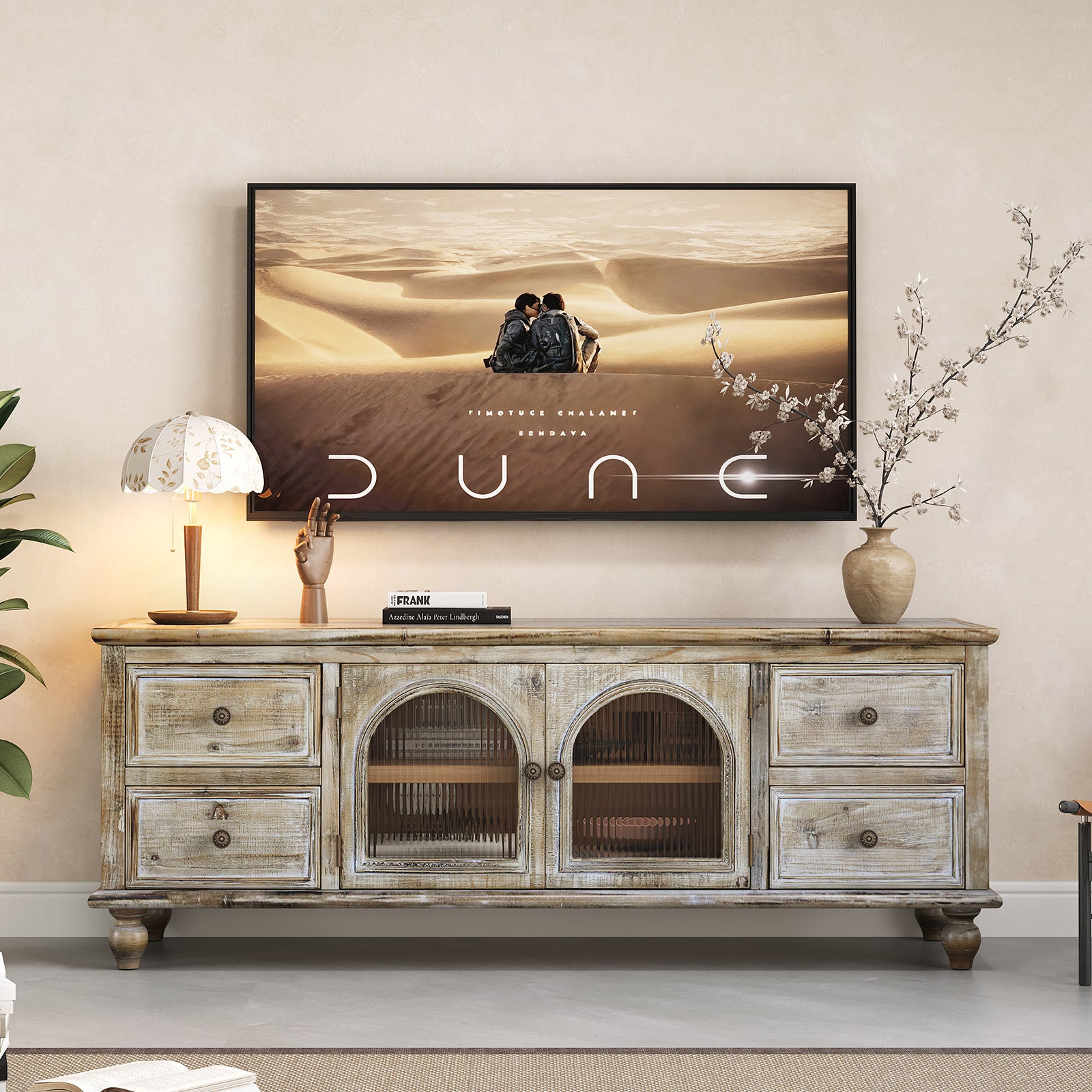 60' Farmhouse TV Stand with 4 Drawers & 2 Glass Doors, Rustic Wood Media Console, Distressed Entertainment Center for TV, Natural Distressed