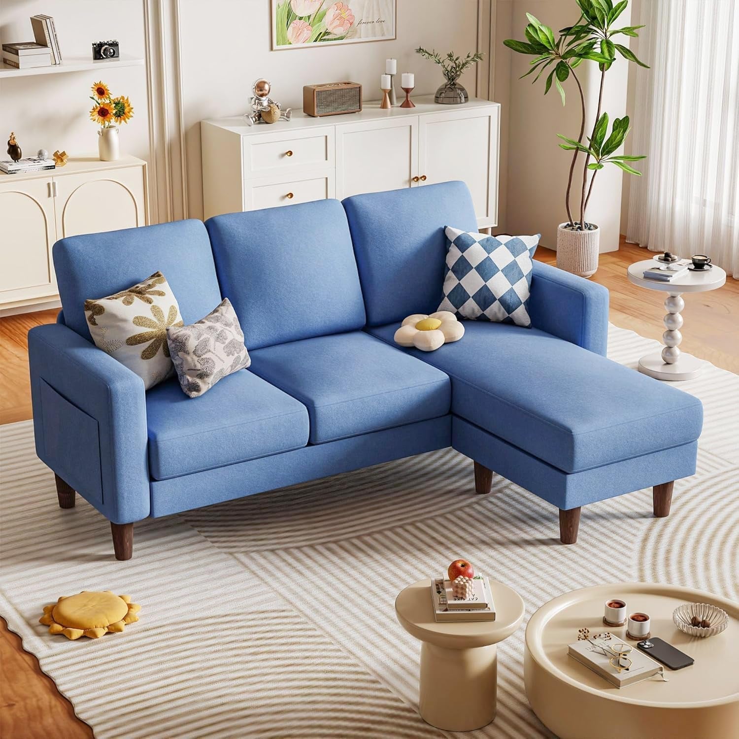 Blue Upholstered L Shaped Movable Sectional Couch Ottoman-3