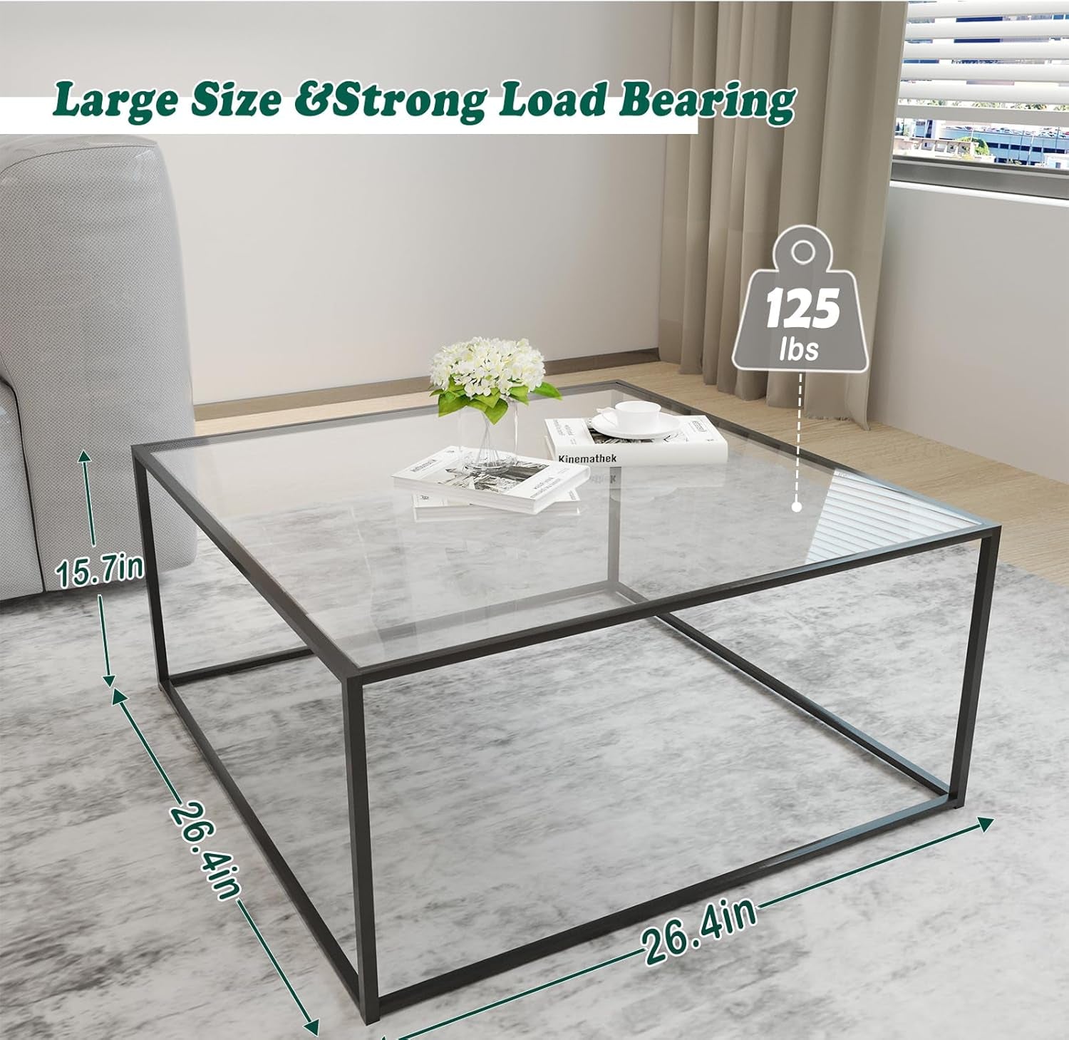 Tempered Glass Coffee Table Charcoal Black Metal Center