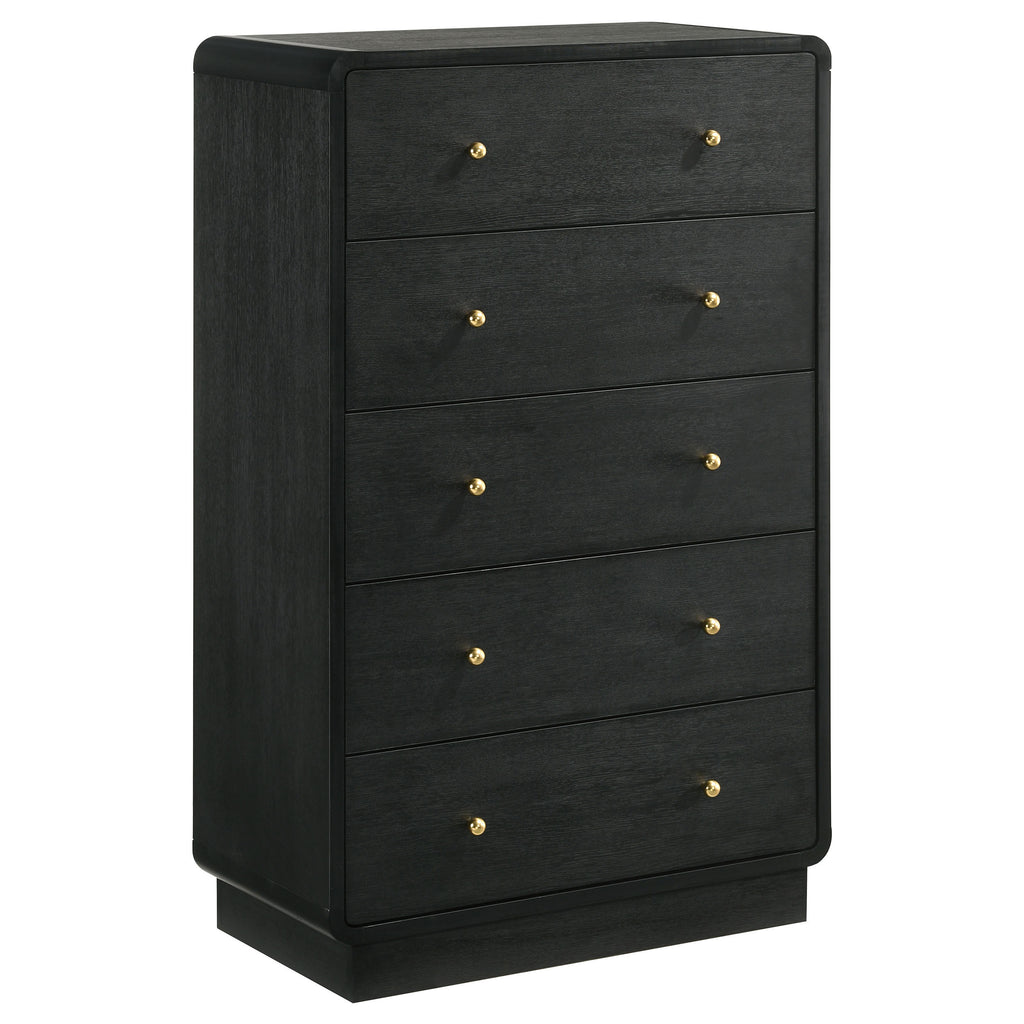 Burton Black 5-Drawer Chest of Drawers with Brass Knobs, Wood Finish, Black Color, 50.75H x 31.5W x 16.75D