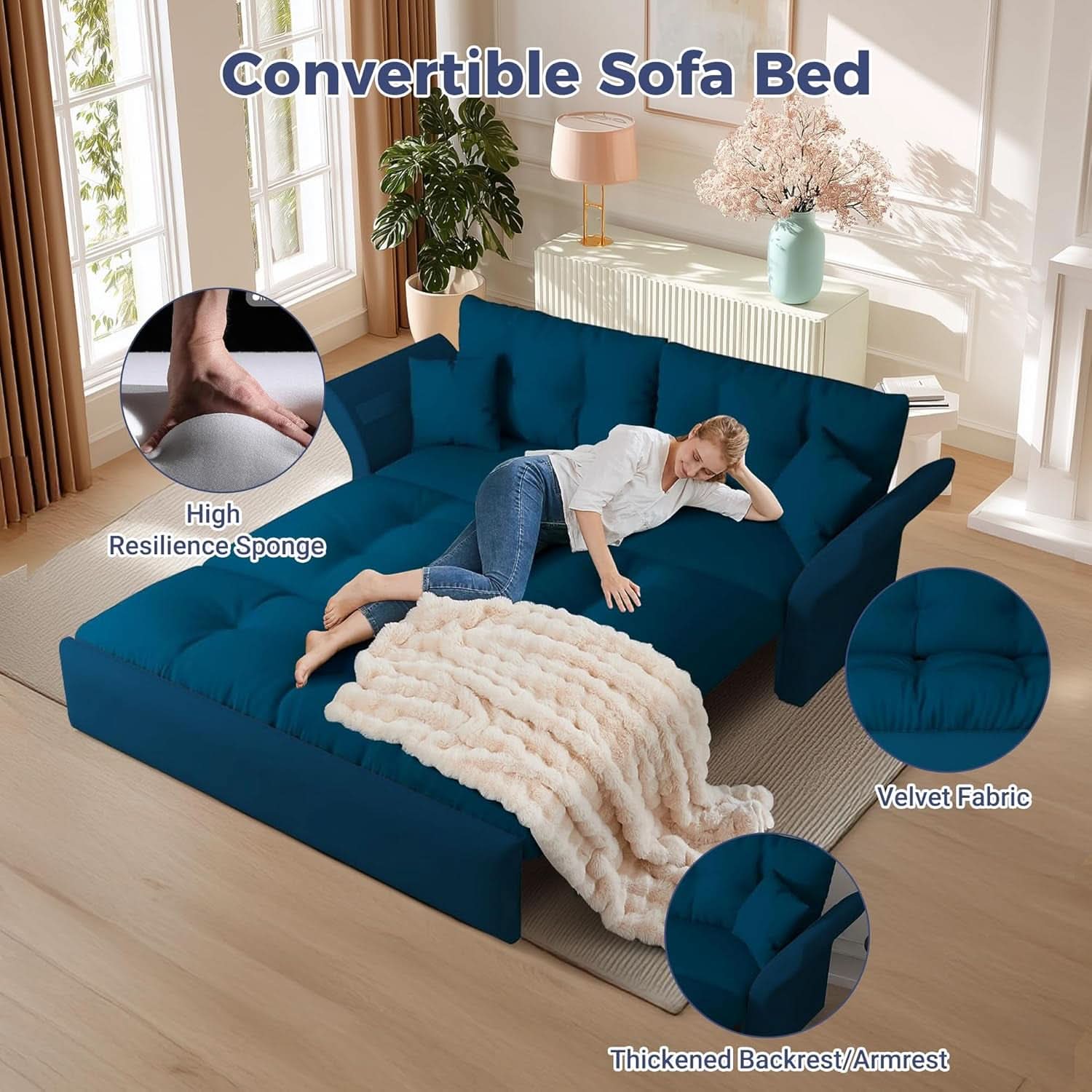 Blue Queen Size Three In One Convertible Sleeper Sofa-4