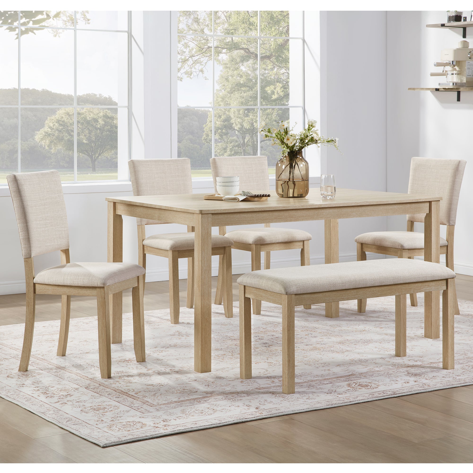 6 Piece Dining Table Set with Bench, Wooden Rectangular Kitchen Table Set with Bench and 4 Upholstered Chairs for Living Room, Kitchen, Dining Room, Light Oak & Beige
