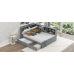 Gray Wood Full Size Platform Bed with Trundle, Shelves, and Storage Headboard, Solid Pine Wood+MDF