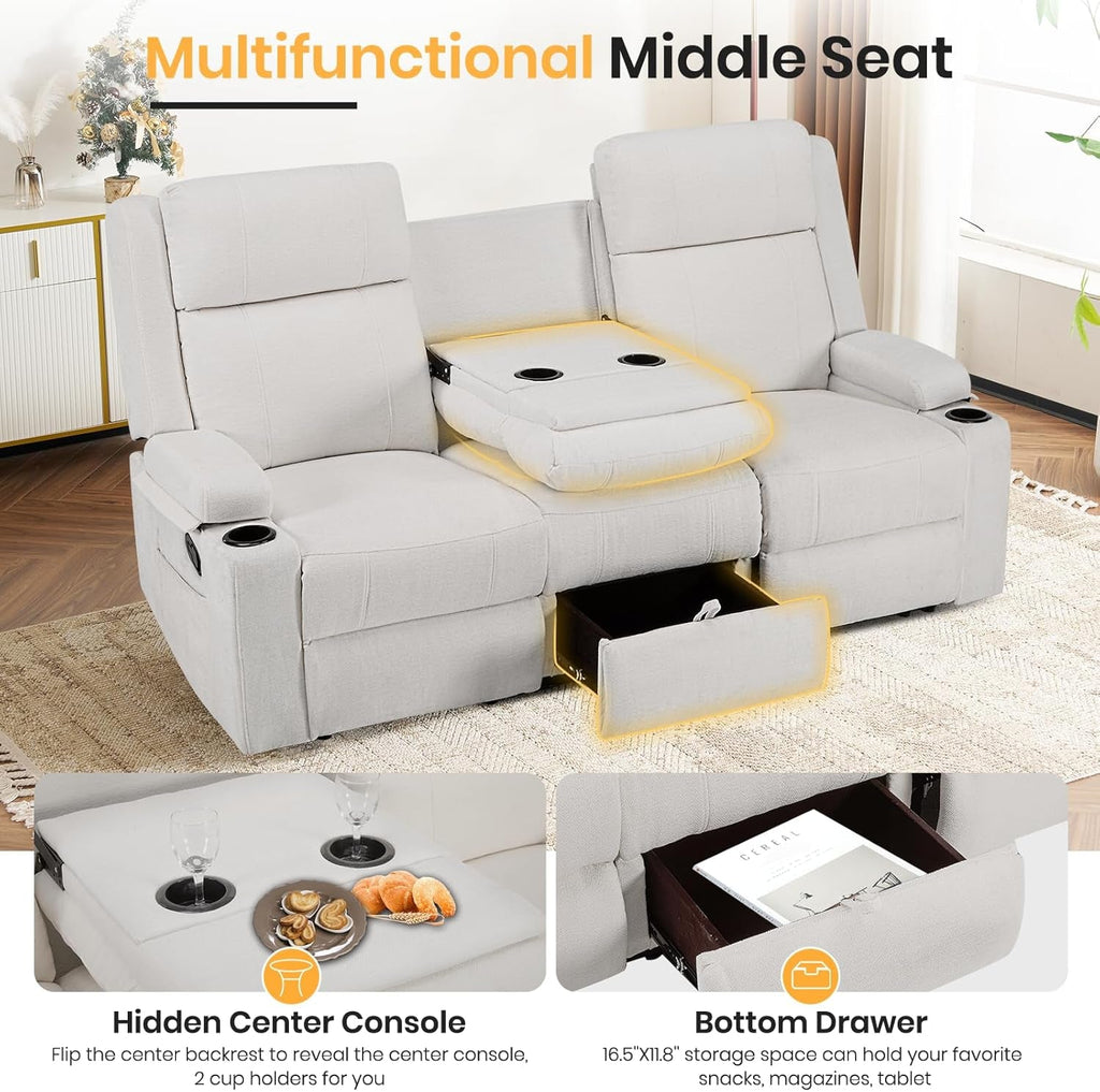 Beige Leatherette Recliner Sofa With Dual Cupholders-3