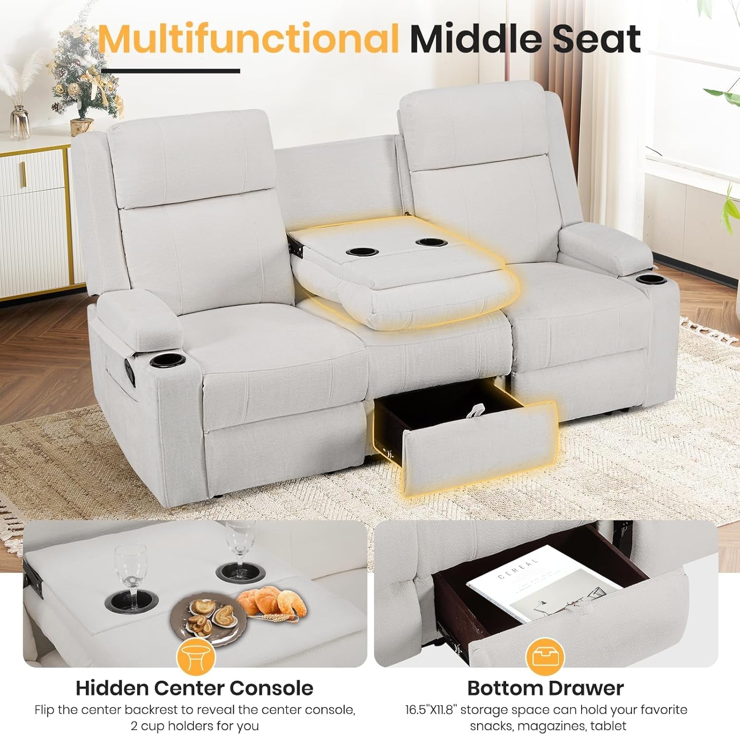 Beige Leatherette Recliner Sofa With Dual Cupholders-3