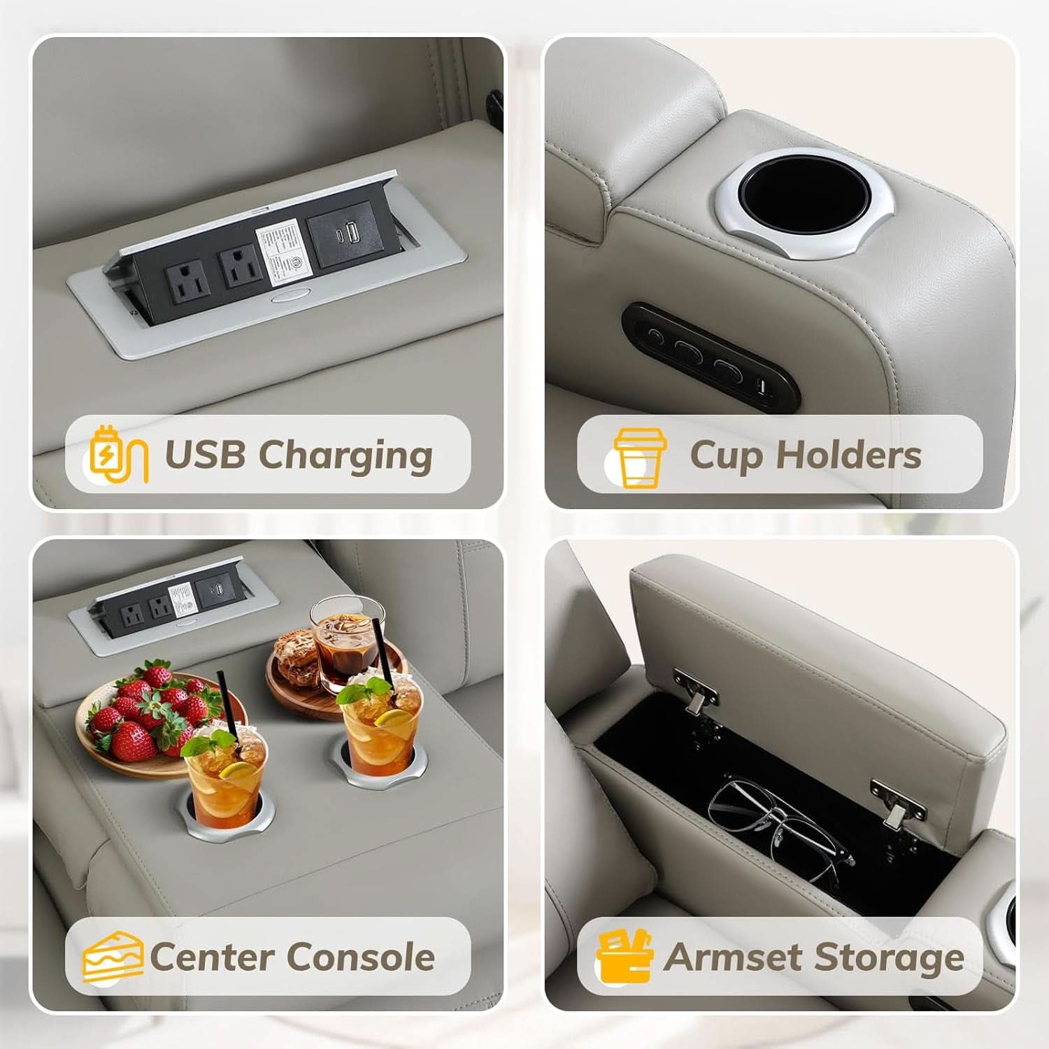 Power Recliner Sofa With Adjustable Headrest USB Charging-4