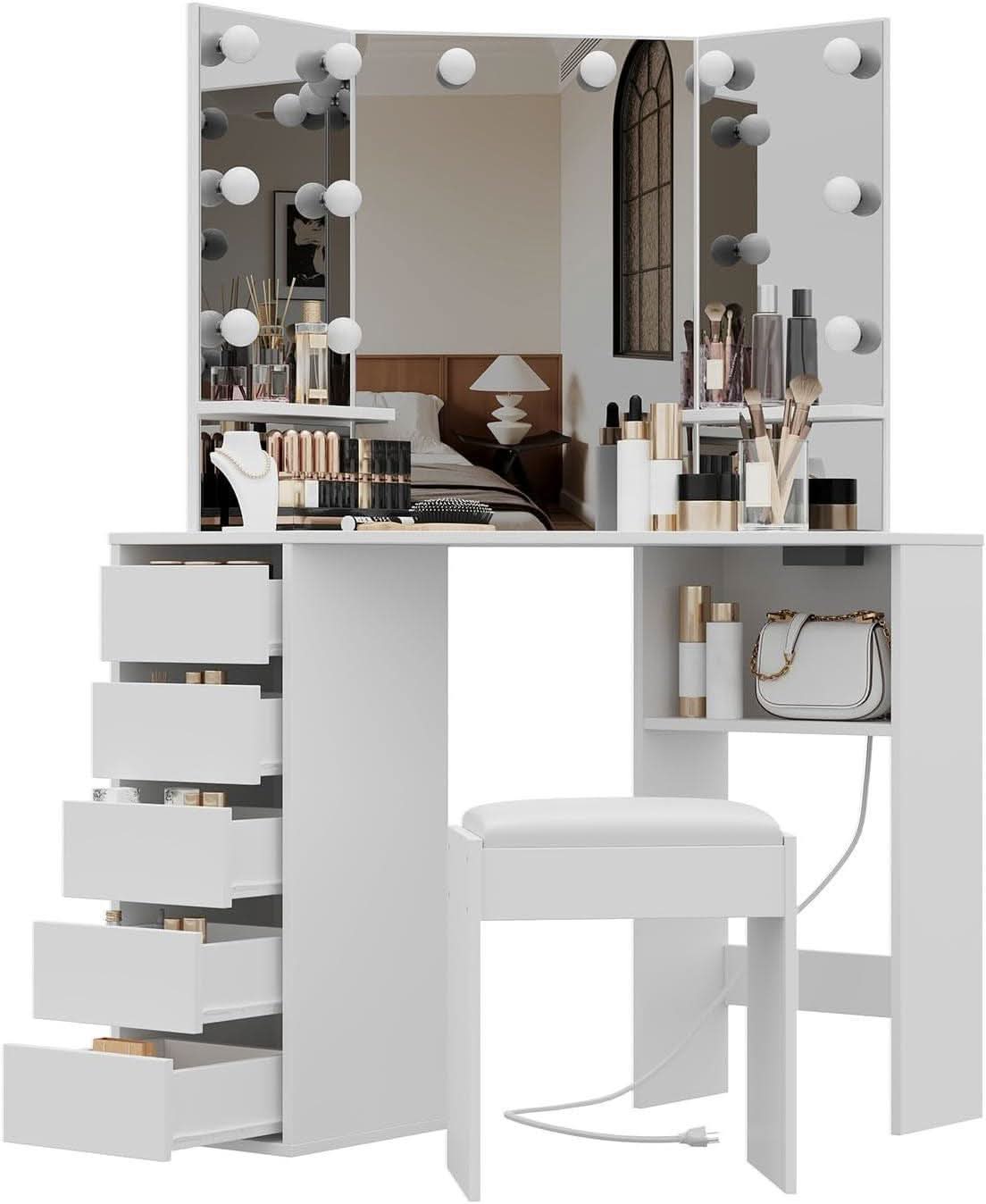 White Corner Vanity Desk With Illumination Modules-1