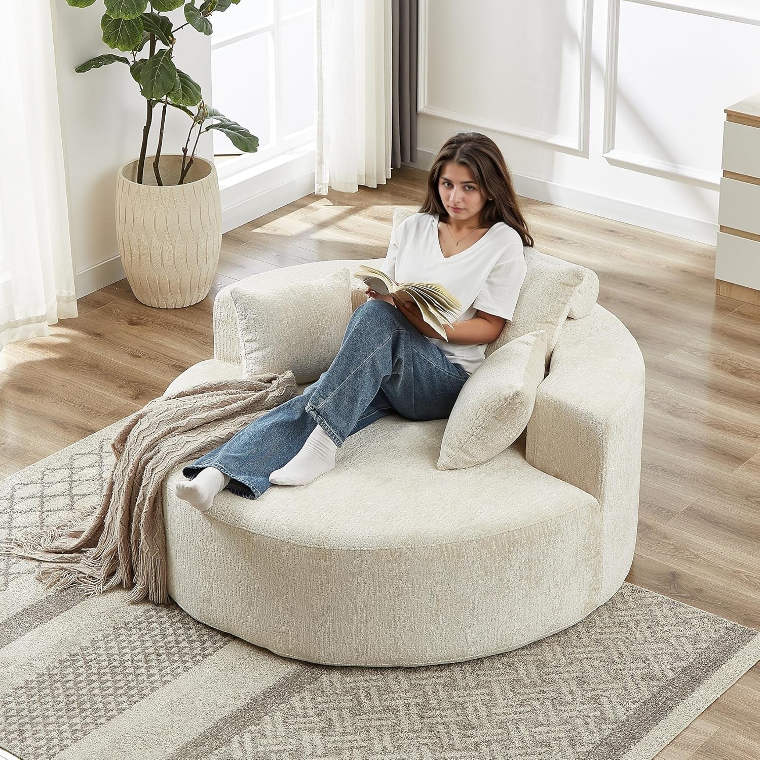 55 Inch Beige Chenille Accent Armchair Upholstered