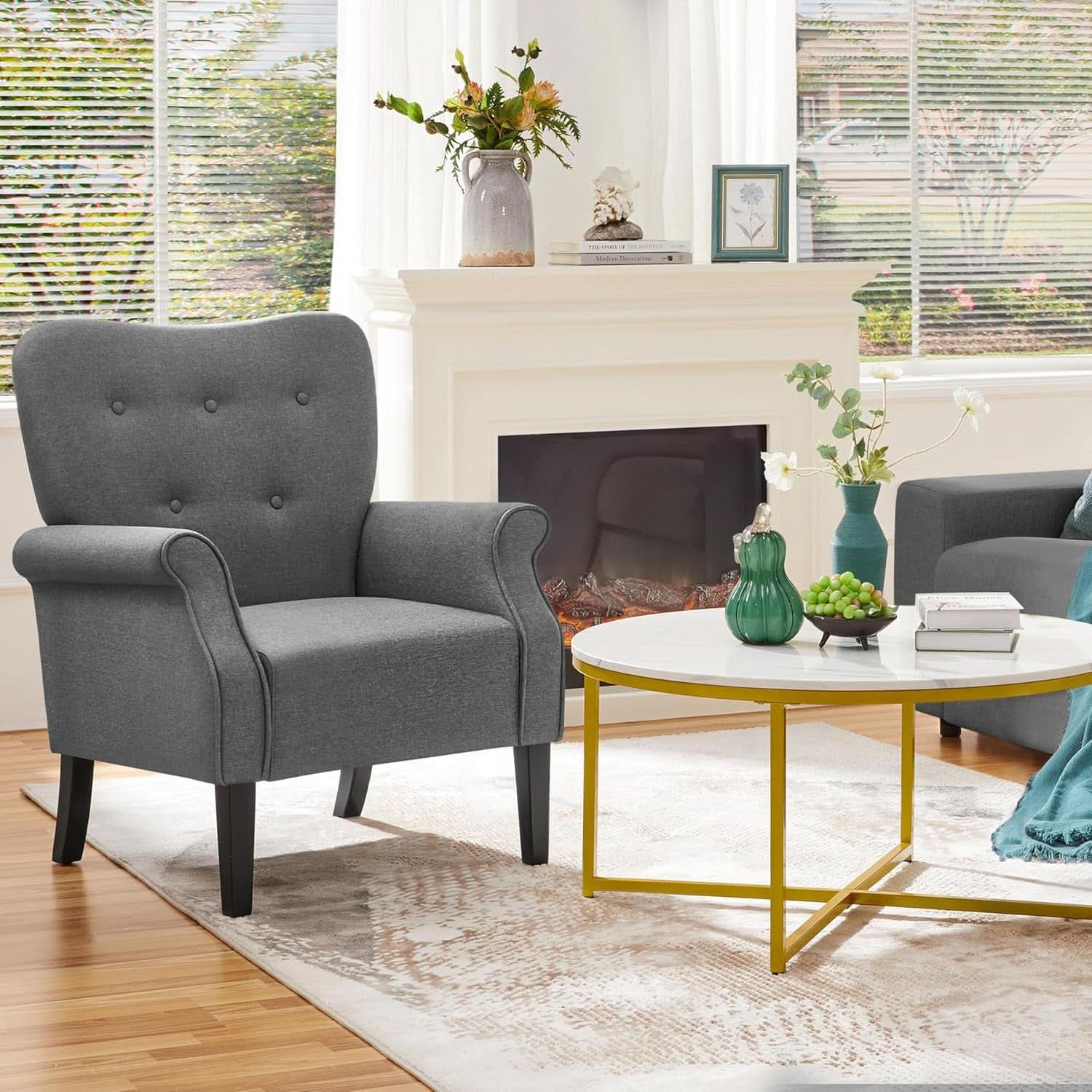 Dark Gray Mid Century Upholstered Armchair Tufted Back-1