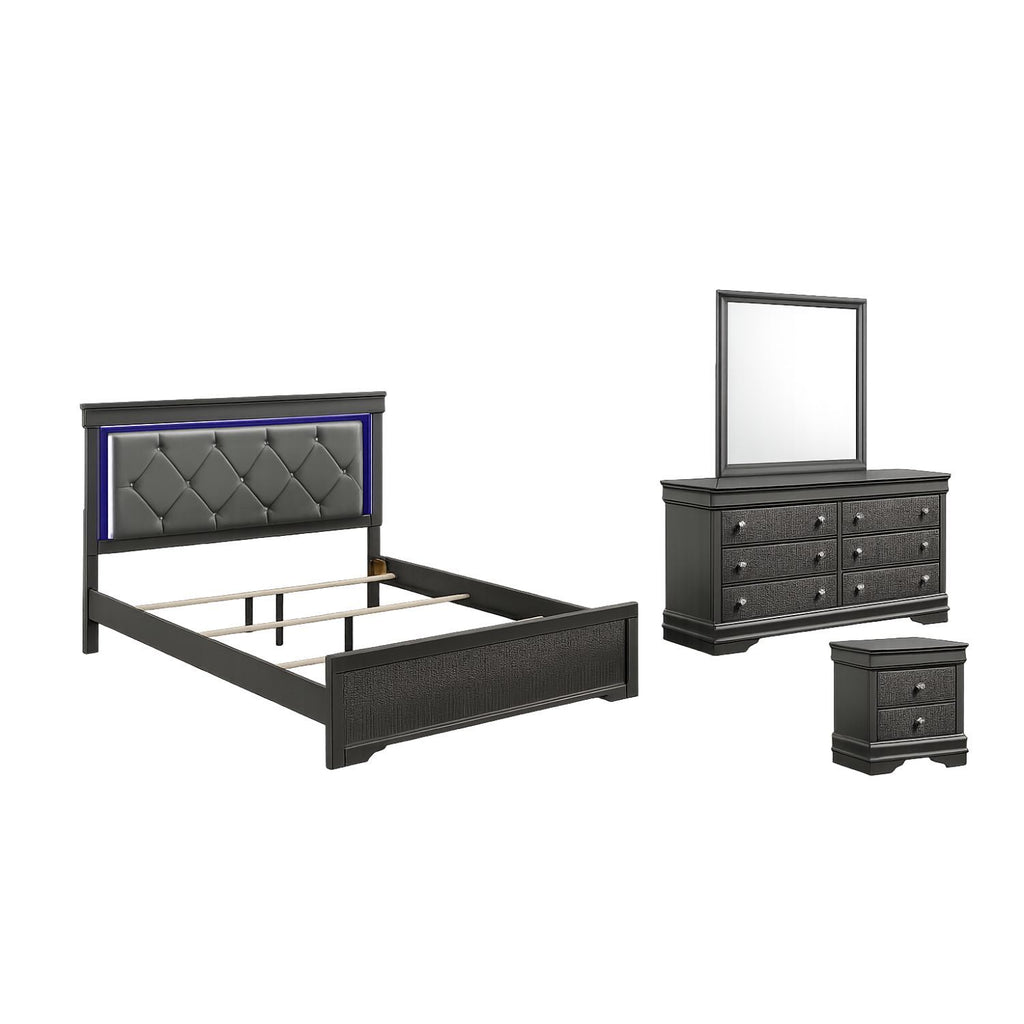 Blaze Upholstered Modern Style 4 Pc Twin Bedroom Set with LED Headboard in Metallic Gray Wood