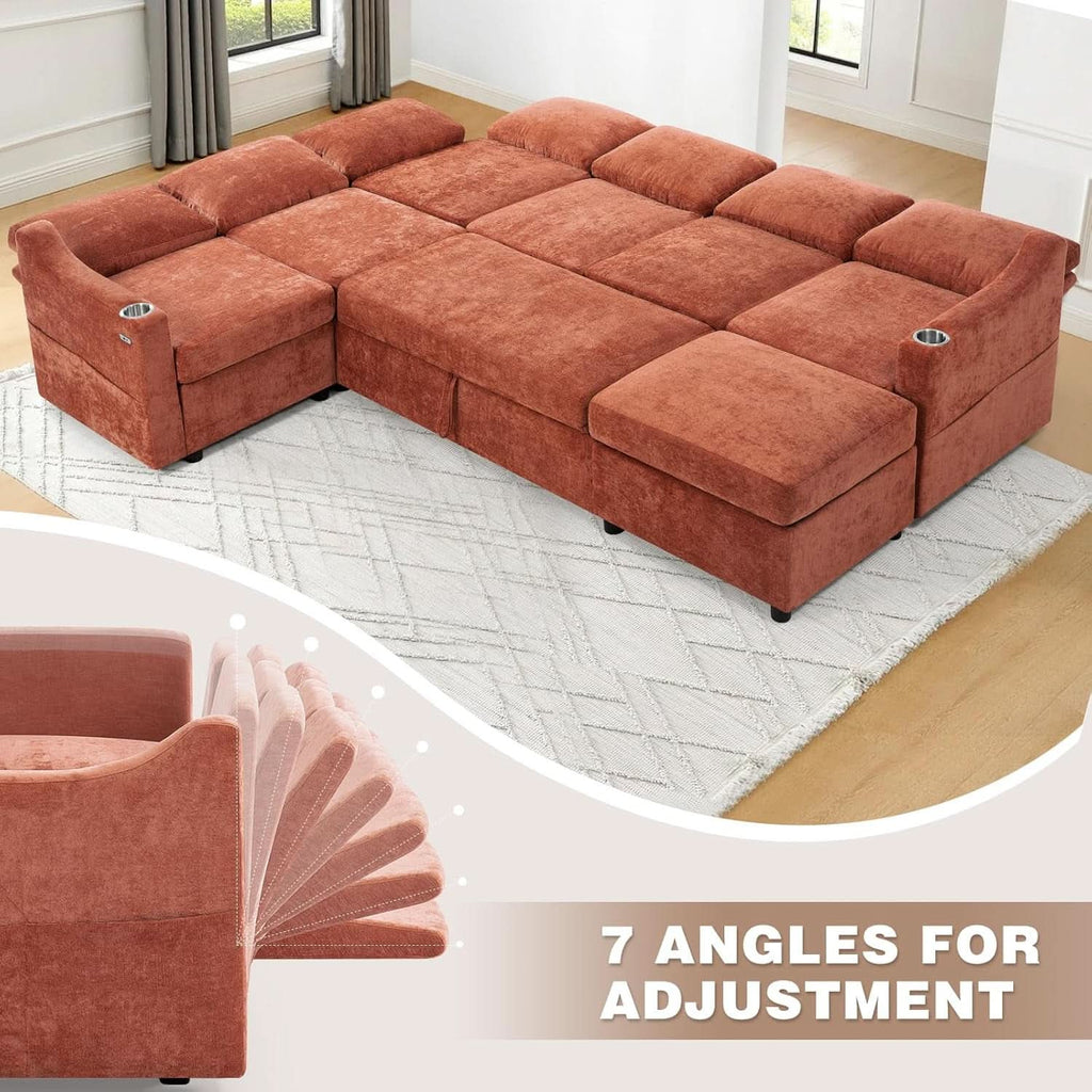 116Inch Orange Chenille Fabric Modular Sleeper Sofa USB-2