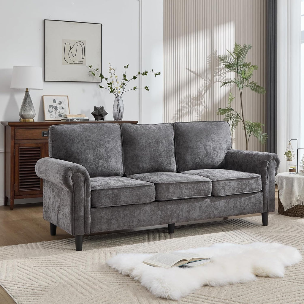 Gray Three Seater Sofa With Upholstered Cushioning-0